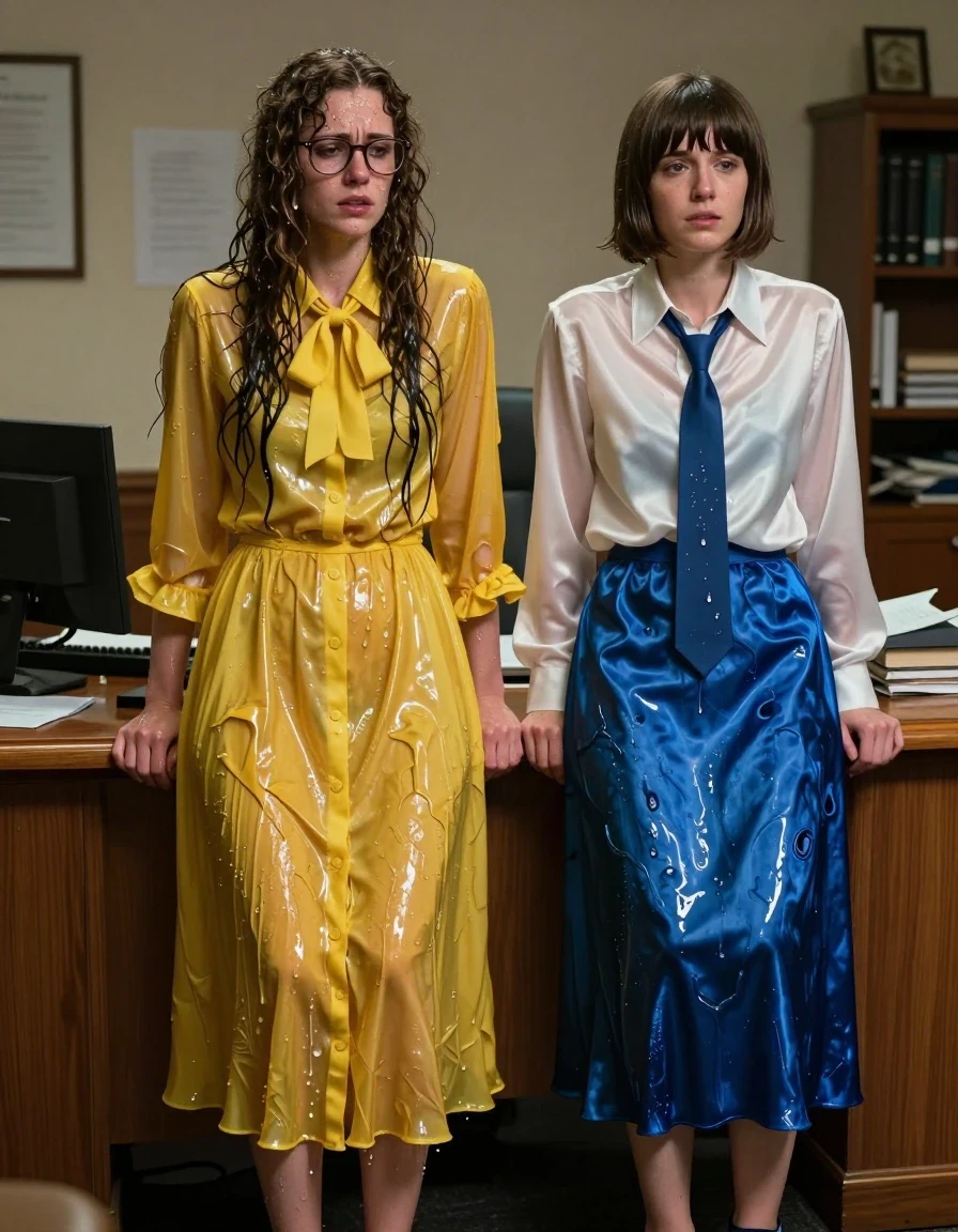 A photorealistic, highly detailed scene inside a cluttered principal's office. Two young adult European women, both wet and disheveled, standing in front of an oak desk. The first woman has long curly hair, wears glasses, and is dressed in a floor-length yellow buttoned-down nylon dress with a bowtie; the fabric is heavily saturated with water, clinging to her skin, darkened by moisture, and exhibiting a distinct high-gloss wet sheen. The second woman has a Beatles-style haircut and wears a long-sleeved white satin blouse with a blue necktie and a floor-length blue silk skirt; the silk and satin are drenched, clinging to her form with heavy folds and deep, translucent wet patches. Both women are wearing sandals on their feet. Their skin is glistening with water droplets and a slick wet sheen, hair matted and damp. The office environment is dimly lit with harsh office lighting catching the wet textures of their clothing. Cinematic composition, 8k resolution, hyper-realistic textures, damp atmosphere, emotional expressions of distress and realization.