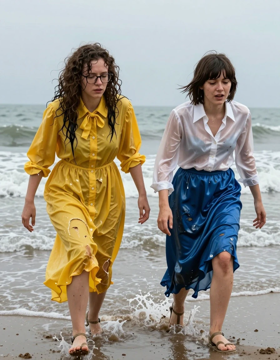 A photorealistic, wide-angle cinematic shot on a cold North Sea beach featuring two exhausted young adult European women, both nerdy teachers, struggling to crawl out of the surf onto the wet sand. The first woman has long curly hair and wears glasses; she is dressed in an oversized, floor-length yellow buttoned-down nylon dress with a bowtie, the fabric clinging heavily to her skin, deeply saturated, darker yellow with heavy wet folds and a glossy, slick sheen. The second woman, sporting a Beatles-style haircut, wears a white long-sleeved satin blouse and a floor-length blue silk skirt, the materials soaked, translucent, and clinging to her frame with intense water sheen and dark, heavy patches. Both women wear strapped sandals that are caked in wet sand. Their clothes are visibly ripped and tattered from their struggle. The scene captures the raw, gritty reality of the sea, with cold, grey waves crashing in the background, wet skin glistening with saltwater, and hair matted and dripping. The lighting is natural, overcast, and dim, highlighting the wet texture of the clothing and the desperate, labored expressions on their faces. High-resolution, 8k, detailed skin pores, realistic water physics, dramatic atmosphere.