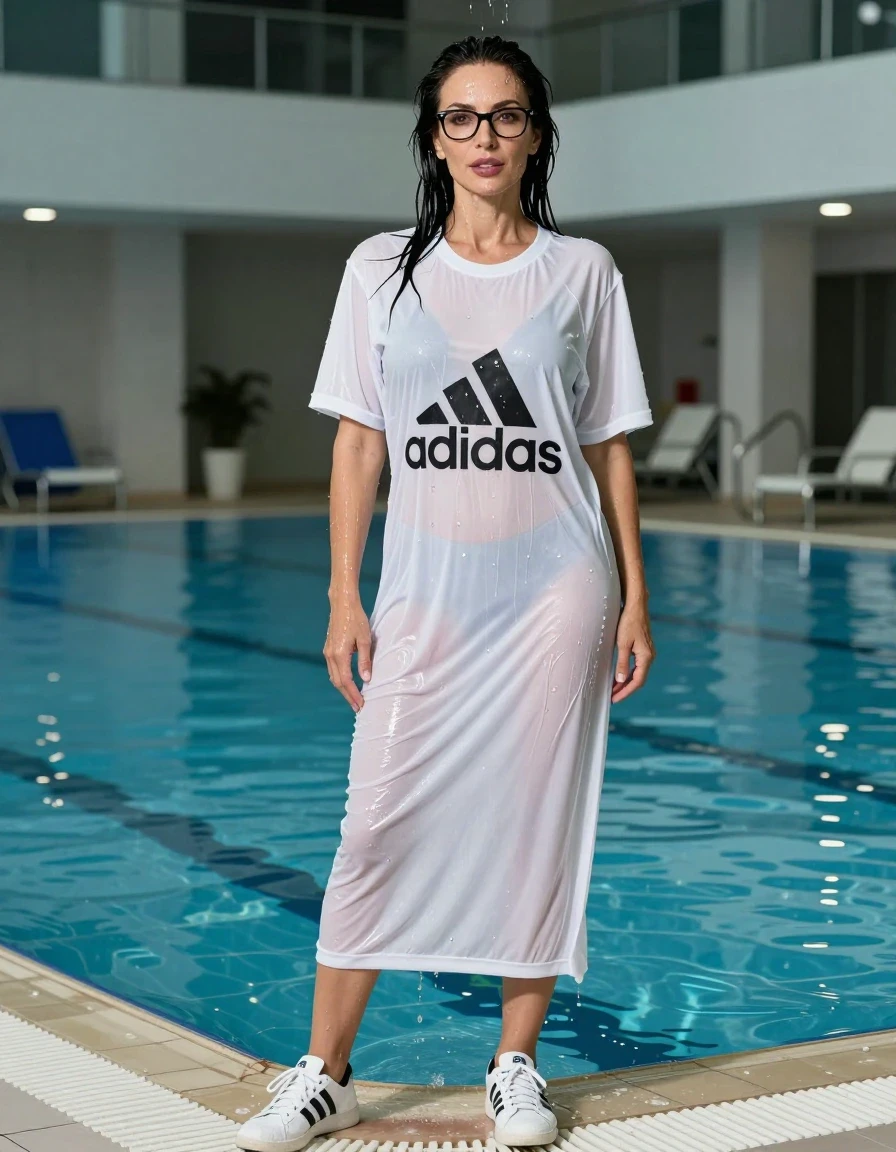 photo of young woman, in soaking wet, drenched clothes,
adidas shoes, maxi white adidas t-shirt dress with short sleeves, maxi white adidas t-shirt dress with short sleeves, shower after swim in indoor swimming pool, enjoying wet clothes stuck body, enjoying, wet clothes stuck to body, 
enjoying, wet clothes stuck to body,
detailed textures of the wet clothes, wet face, wet plastered hair,
wet, drenched, professional, high-quality details, full body view.
sharp focus, ultra-high pixel detail, realistic, high-quality, full colors, incredibly detailed, 4k, 8k, 16k, hyper-realistic, RAW photo, masterpiece, ultra-detailed, professionally color graded, professional photograph, europen brunette skinny woman 50 years old, long dark black hair, very big and thick lips,  office glasses, complete body, wet skin, wet clothes, damp fabric, wet skin, wet clothes, damp fabric, wet skin, wet clothes, damp fabric, wet skin, wet clothes, damp fabric, wet skin, wet clothes, damp fabric