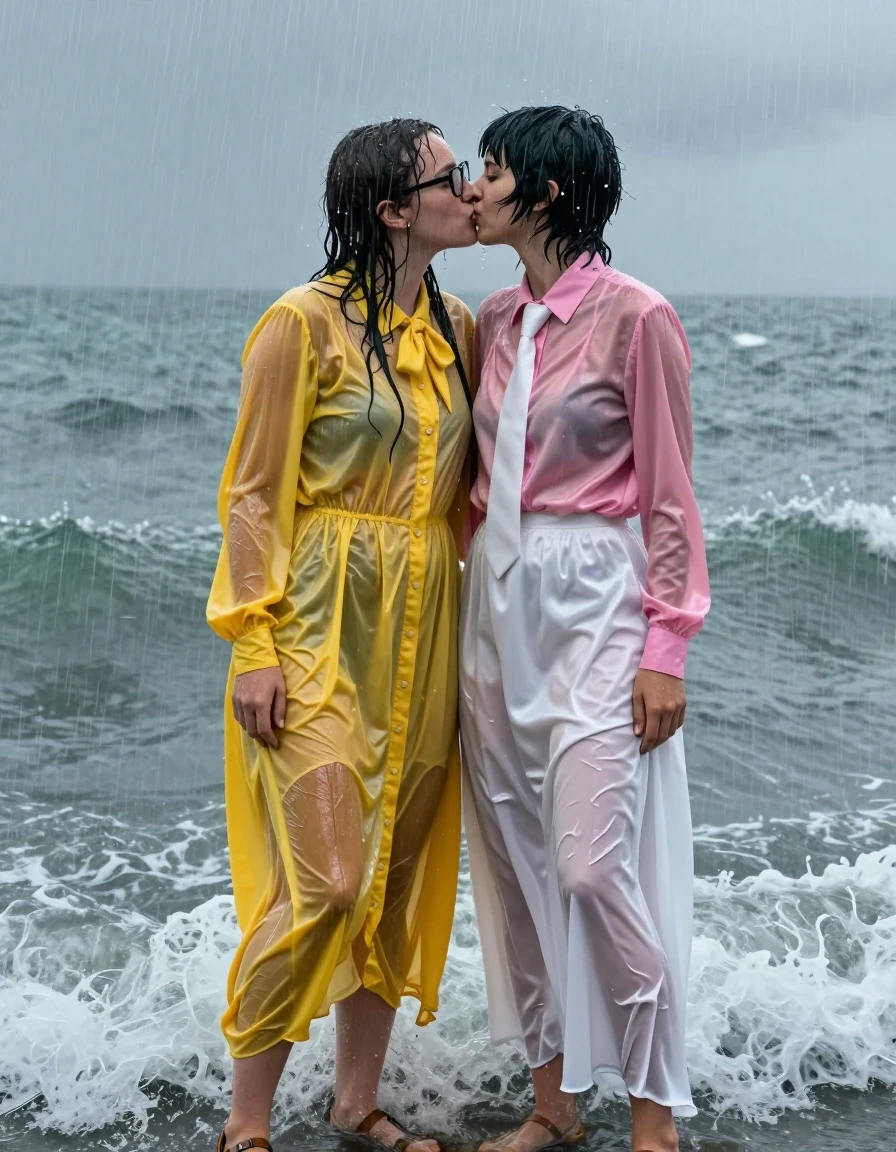 A cinematic, photorealistic shot of two young adult European women, both portraying nerdy teachers, locked in a passionate kiss while standing waist-deep in the turbulent sea during a torrential rainstorm. The first woman has long curly hair and wears thick-rimmed glasses, dressed in an oversized, floor-length yellow buttoned-down nylon dress with a bowtie; the fabric is visibly soaked, clinging heavily to her frame with deep, translucent patches and a high-gloss wet sheen. The second woman has a Beatles-style haircut and wears a pink long-sleeved satin blouse with a white necktie paired with a floor-length white silk skirt; the satin and silk are completely saturated, clinging to her skin with dark, heavy folds and shimmering, water-slicked surfaces. Both women are wearing sandals that are partially submerged in the churning water. The scene is captured with intense atmospheric rain, water droplets streaming down their faces and hair, with dark, heavy, wet fabric textures and strong, glossy specular reflections from the downpour. The lighting is moody and overcast, emphasizing the wetness of their skin and clothing. High-resolution, 8k, hyper-realistic textures, dramatic lighting, sharp focus on the subjects.