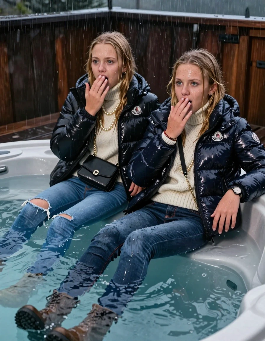 photo of young woman, in soaking wet, drenched clothes,
Boots, Drenched and soaked tight skinny jeans, Moncler shiny Puffer down jacket and Puffer down jacket from north face,  knit turtelneck sweater, handbag, pearl necklace, bracelet, wristwatch , A realistic fashion photograph of  two 15-year-old girl  under Heavy Rain swimming in a steaming hot tub on a wooden mountain cabin deck at night. Heavy Rain., 
enjoying, wet clothes stuck to body,
detailed textures of the wet clothes, wet face, wet plastered hair,
wet, drenched, professional, high-quality details, full body view.
sharp focus, ultra-high pixel detail, realistic, high-quality, full colors, incredibly detailed, 4k, 8k, 16k, hyper-realistic, RAW photo, masterpiece, ultra-detailed, professionally color graded, professional photograph, Blonde Sleek long straight hair

Two 15-years-old teenage girl. 

Hold a hand over her mouth. Open mouth, big eyes. 

All girls wear different clothes.

One is completely underwater up to her neck, horny afraid and astonished expression.

All girls Laying her breast on the surface. Legs and Bodys are under the surface.

her submerged clothes are hardly visible under water, she soaked her handbag into the water

close up view, wet skin, wet clothes, wet hair, damp fabric, water runs down the clothes, wet skin, wet clothes., wet skin, wet clothes, damp fabric