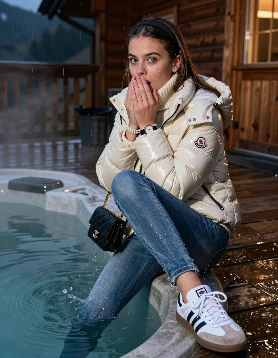 photo of young woman, in soaking wet, drenched clothes,
White sneakers Adidas Samba with black stripes, Drenched and soaked tight skinny jeans, Moncler shiny Puffer down jacket,  knit turtelneck sweater, handbag, pearl necklace, bracelet, wristwatch , A realistic vertical fashion photograph of a 15-year-old girl emerge after diving at the edge of a steaming hot tub on a wooden mountain cabin deck at night. She is looking back over her shoulder toward the camera. Heavy Rain., 
enjoying, wet clothes stuck to body,
detailed textures of the wet clothes, wet face, wet plastered hair,
wet, drenched, professional, high-quality details, full body view.
sharp focus, ultra-high pixel detail, realistic, high-quality, full colors, incredibly detailed, 4k, 8k, 16k, hyper-realistic, RAW photo, masterpiece, ultra-detailed, professionally color graded, professional photograph, Close-up. 
Sleek long straight hair with hairband

15 years old  teenage girl

 hold her hands over her mouth. Laying her breast on the surface.

she is completely underwater up to her neck, afraid and astonished expression.

her submerged clothes are hardly vusible under water, she soaked her handbag into the water

close up view, wet skin, wet clothes, wet hair, damp fabric, water runs down the clothes, wet skin, wet clothes, damp fabric, wet skin, wet clothes, damp fabric, wet skin, wet clothes, damp fabric, wet skin, wet clothes, damp fabric, wet skin, wet clothes, damp fabric, wet skin, wet clothes, damp fabric, wet skin, wet clothes, damp fabric, wet skin, wet clothes, damp fabric, wet skin, wet clothes, damp fabric, wet skin, wet clothes, damp fabric, wet skin, wet clothes, damp fabric, wet skin, wet clothes, damp fabric, wet skin, wet clothes, damp fabric, wet skin, wet clothes, damp fabric, wet skin, wet clothes, damp fabric, wet skin, wet clothes, damp fabric, wet skin, wet clothes, damp fabric, wet skin, wet clothes, damp fabric, wet skin, wet clothes, damp fabric