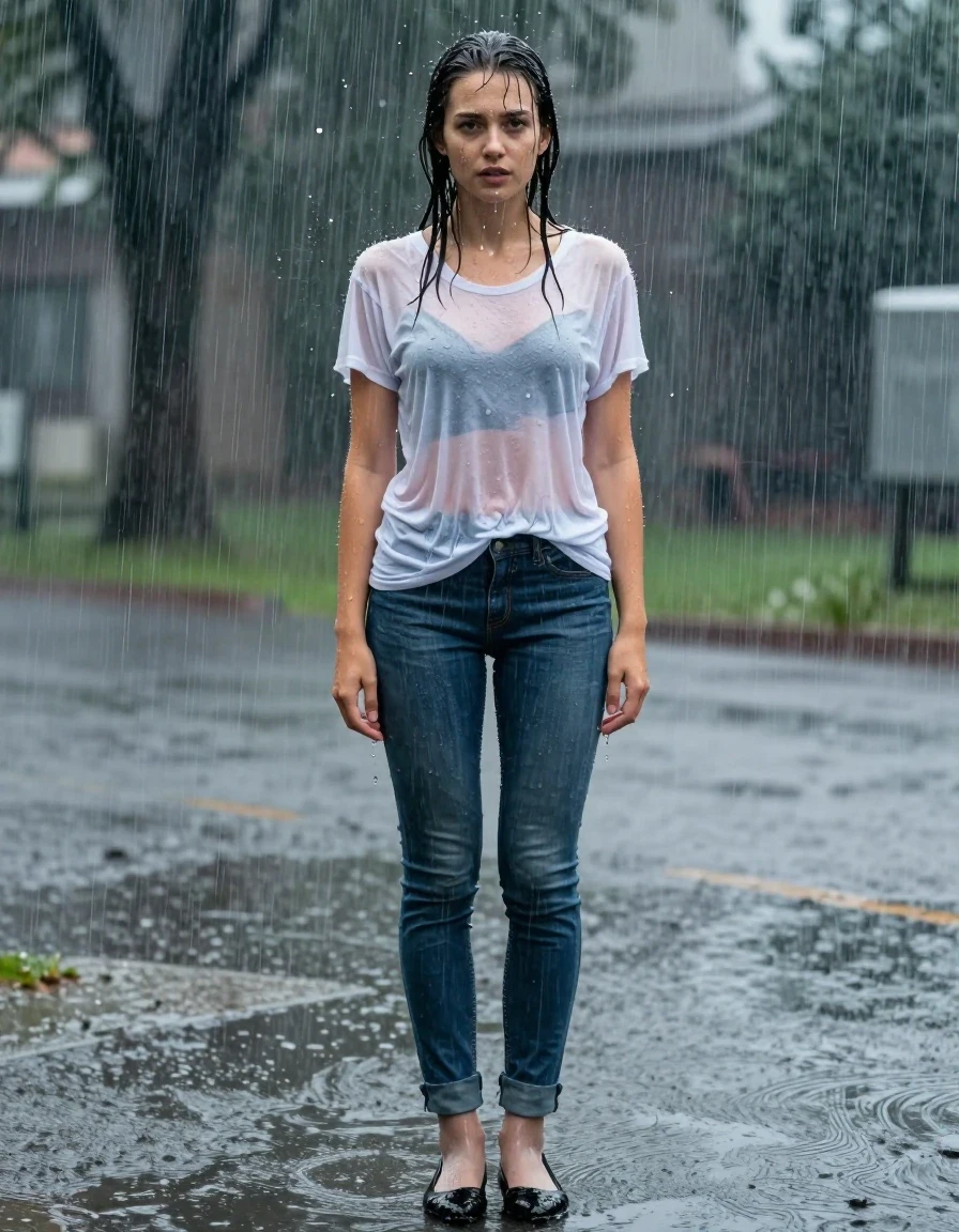 photo of young woman, in soaking wet, drenched clothes,
Black Flats, light Pantyhose, Long Jeans, T-Shirt, , 
enjoying, wet clothes stuck to body,
detailed textures of the wet clothes, wet face, wet plastered hair,
wet, drenched, professional, high-quality details, full body view.
sharp focus, ultra-high pixel detail, realistic, high-quality, full colors, incredibly detailed, 4k, 8k, 16k, hyper-realistic, RAW photo, masterpiece, ultra-detailed, professionally color graded, professional photograph, A young girl is standing in very heavy Rainstorm.  She is completely soaked from head to toe, with water streaming down her entire body. Her clothes are clinging to her., wet skin, wet clothes, damp fabric