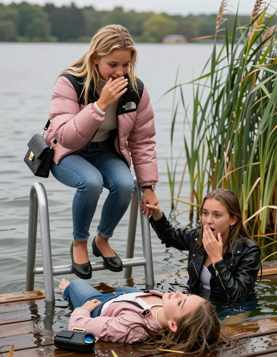 photo of young woman, in soaking wet, drenched clothes,
Heels, Completely soaked tight skinny jeans, Pink Puffer down jacket from north face, Tight turtleneck sweater belly free, handbag, pearl necklace, bracelet, wristwatch , Two Girls on a wooden bathing platform with a bathing ladder on a beautiful lake. The girls smiles with a sense of adventure and climbs the ladder into the water. Her legs are completly inside the water., 
enjoying, wet clothes stuck to body,
detailed textures of the wet clothes, wet face, wet plastered hair,
wet, drenched, professional, high-quality details, full body view.
sharp focus, ultra-high pixel detail, realistic, high-quality, full colors, incredibly detailed, 4k, 8k, 16k, hyper-realistic, RAW photo, masterpiece, ultra-detailed, professionally color graded, professional photograph, Blond sleek long straight hair

19 years old  teenage girl

Laying her breast on the surface.  Looking slightly away. Hold her hand over mouth.

One Girl inside the water with a black biker leatherjacket and one hand on her mouth, hold with the other the viewer's hand, pulling them she is completely underwater up to her neck, afraid and astonished expression. 

She hides in the reeds.

her submerged clothes are hardly vusible under water, she soaked her handbag into the water. The Girls wear different clothes. 

close up view, wet skin, wet clothes, wet hair, damp fabric, water runs down the clothes, wet skin, wet clothes, damp fabric, wet skin, wet clothes, damp fabric, wet skin, wet clothes, damp fabric, wet skin, wet clothes, damp fabric, wet skin, wet clothes, damp fabric, wet skin, wet clothes, damp fabric, wet skin, wet clothes, damp fabric, wet skin, wet clothes, damp fabric, wet skin, wet clothes, damp fabric, wet skin, wet clothes, damp fabric, wet skin, wet clothes, damp fabric, wet skin, wet clothes, damp fabric, wet skin, wet clothes, damp fabric, wet skin, wet clothes, damp fabric, wet skin, wet clothes, damp fabric, wet skin, wet clothes, damp fabric, wet skin, wet clothes, damp fabric, wet skin, wet clothes, damp fabric, wet skin, wet clothes, damp fabric