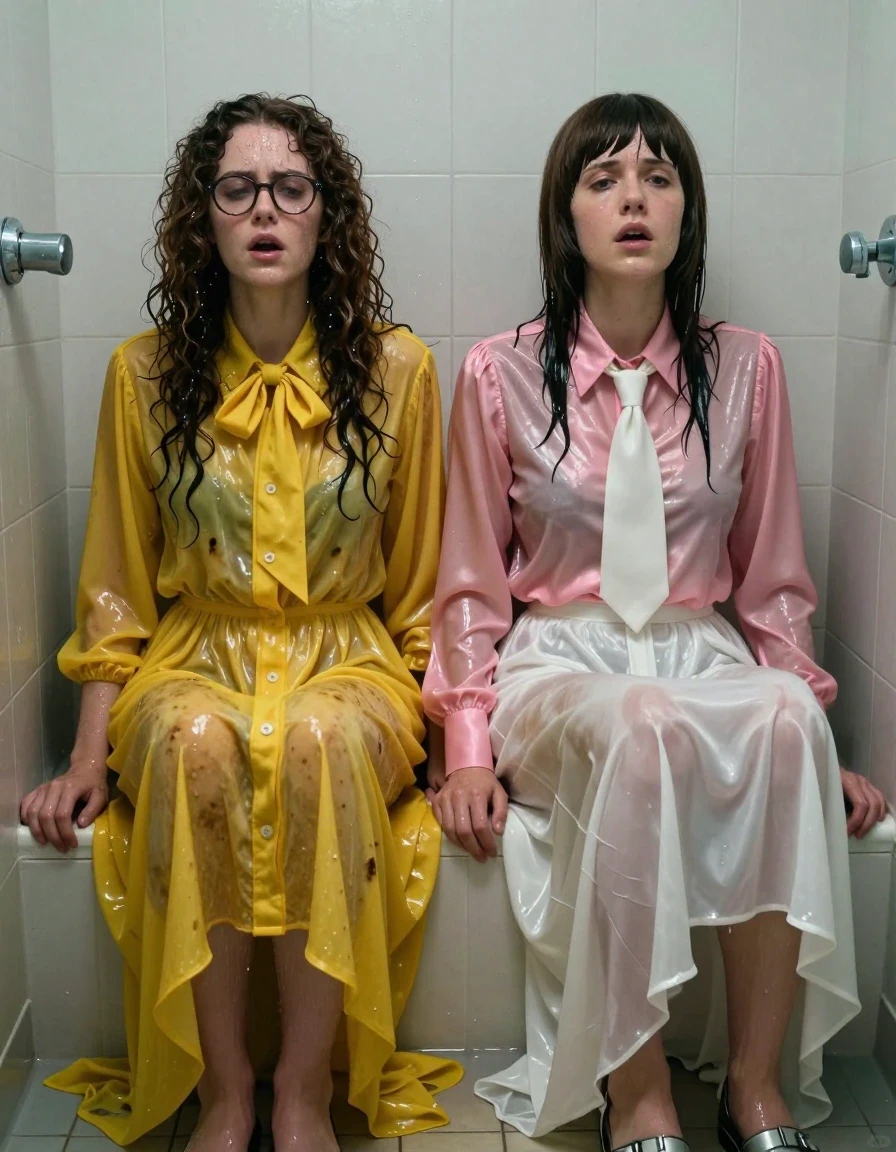 Two young adult European women, one with long curly hair wearing glasses and the other with a Beatles-style haircut, sitting on the tiled floor of an empty flooded shower with their backs against the wall. The woman with curly hair is wearing an oversized, floor-length yellow buttoned-down nylon dress with a bowtie. The woman with the Beatles-style haircut is wearing a pink long-sleeved satin blouse with a white necktie and a floor-length white silk skirt. Both women are wearing sandals. They are gasping for air, looking exhausted, their skin glistening with water and sweat, their hair dripping wet and clinging to their faces. Their clothes are heavily soaked, with the yellow nylon and white silk clinging to their bodies, showing dark, saturated patches, heavy wet folds, and translucent damp areas where the fabric is fully saturated with water. The environment is a sterile, empty shower stall with shallow water pooling on the floor. Cinematic lighting highlights the wet sheen on their skin and the deep, uneven saturation of the sodden fabrics. Photorealistic, 8k resolution, highly detailed textures, dramatic atmosphere.