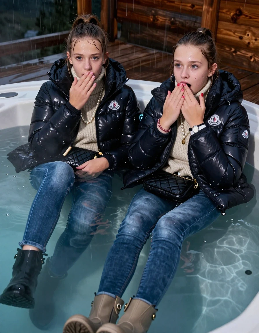 photo of young woman, in soaking wet, drenched clothes,
Boots, Drenched and soaked tight skinny jeans, Moncler shiny Puffer down jacket and Puffer down jacket from north face,  knit turtelneck sweater, handbag, pearl necklace, bracelet, wristwatch , A realistic fashion photograph of  two 15-year-old girl  swimming in a steaming hot tub on a wooden mountain cabin deck at night. Heavy Rain., 
enjoying, wet clothes stuck to body,
detailed textures of the wet clothes, wet face, wet plastered hair,
wet, drenched, professional, high-quality details, full body view.
sharp focus, ultra-high pixel detail, realistic, high-quality, full colors, incredibly detailed, 4k, 8k, 16k, hyper-realistic, RAW photo, masterpiece, ultra-detailed, professionally color graded, professional photograph, Sleek long straight hair and Sleek long ponytail 

Two 15-years-old teenage girl. 

Hold a hand over her mouth. Open mouth, big eyes. 

All girls wear different clothes.

One is completely underwater up to her neck, afraid and astonished expression.

All girls Laying her breast on the surface. Legs and Bodys are under the surface.

her submerged clothes are hardly visible under water, she soaked her handbag into the water

close up view, wet skin, wet clothes, wet hair, damp fabric, water runs down the clothes, wet skin, wet clothes., wet skin, wet clothes, damp fabric
