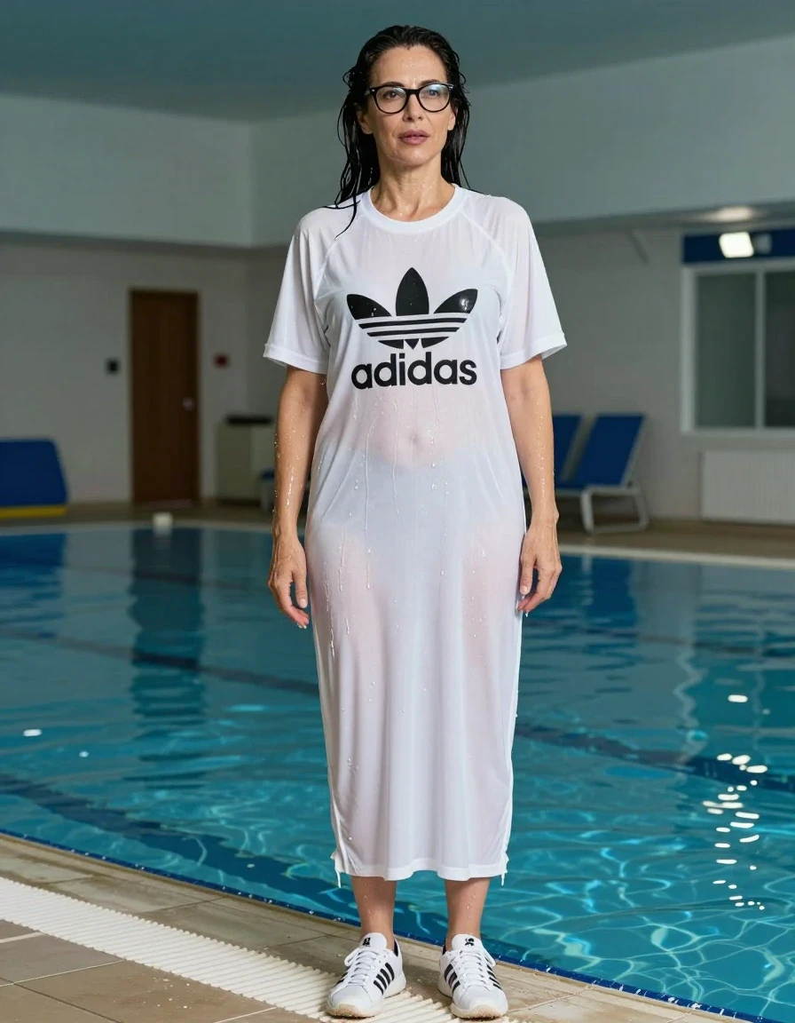 photo of young woman, in soaking wet, drenched clothes,
adidas shoes, maxi white adidas t-shirt dress with short sleeves, maxi white adidas t-shirt dress with short sleeves, shower after swim in indoor swimming pool, enjoying wet clothes stuck body, enjoying, wet clothes stuck to body, 
enjoying, wet clothes stuck to body,
detailed textures of the wet clothes, wet face, wet plastered hair,
wet, drenched, professional, high-quality details, full body view.
sharp focus, ultra-high pixel detail, realistic, high-quality, full colors, incredibly detailed, 4k, 8k, 16k, hyper-realistic, RAW photo, masterpiece, ultra-detailed, professionally color graded, professional photograph, europen brunette skinny woman 50 years old, long dark black hair, very big and thick lips,  office glasses, complete body, wet skin, wet clothes, damp fabric, wet skin, wet clothes, damp fabric, wet skin, wet clothes, damp fabric, wet skin, wet clothes, damp fabric, wet skin, wet clothes, damp fabric
