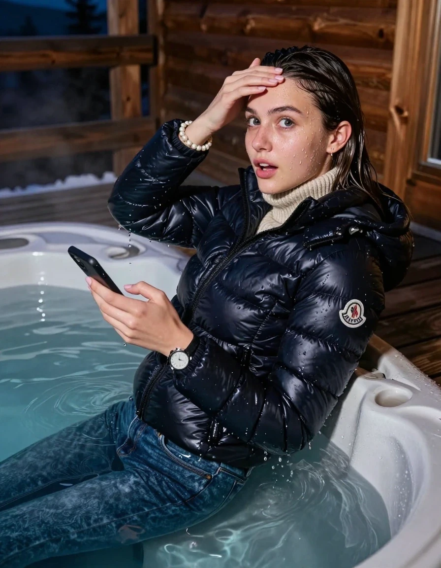 photo of young woman, in soaking wet, drenched clothes,
, Drenched and soaked tight skinny jeans, Moncler shiny Puffer down jacket,  knit turtelneck sweater, handbag, pearl necklace, bracelet, wristwatch , A realistic vertical fashion photograph of a 19-year-old girl take a dip at the edge of a steaming hot tub on a wooden mountain cabin deck at night. She is looking back over her shoulder toward the camera with an expectant and playful expression., 
enjoying, wet clothes stuck to body,
detailed textures of the wet clothes, wet face, wet plastered hair,
wet, drenched, professional, high-quality details, full body view.
sharp focus, ultra-high pixel detail, realistic, high-quality, full colors, incredibly detailed, 4k, 8k, 16k, hyper-realistic, RAW photo, masterpiece, ultra-detailed, professionally color graded, professional photograph, Close-up. 
Sleek long straight hair 

19 years old  teenage girl

open mouth, big eyes, one hand on her forehead and in the other hand her smartphone. Laying her breast on the surface.  Looking at camera.

she is completely underwater up to her neck, afraid and astonished expression.

her submerged clothes are hardly vusible under water, she soaked her handbag into the water

close up view, wet skin, wet clothes, wet hair, damp fabric, water runs down the clothes, wet skin, wet clothes, damp fabric, wet skin, wet clothes, damp fabric, wet skin, wet clothes, damp fabric, wet skin, wet clothes, damp fabric, wet skin, wet clothes, damp fabric, wet skin, wet clothes, damp fabric, wet skin, wet clothes, damp fabric, wet skin, wet clothes, damp fabric, wet skin, wet clothes, damp fabric, wet skin, wet clothes, damp fabric, wet skin, wet clothes, damp fabric, wet skin, wet clothes, damp fabric, wet skin, wet clothes, damp fabric, wet skin, wet clothes, damp fabric, wet skin, wet clothes, damp fabric, wet skin, wet clothes, damp fabric, wet skin, wet clothes, damp fabric, wet skin, wet clothes, damp fabric