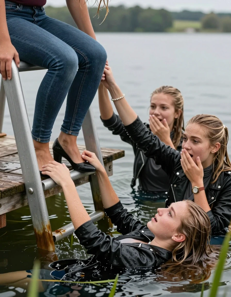 photo of young woman, in soaking wet, drenched clothes,
Heels, Completely soaked tight skinny jeans , black biker leatherjacket, Tight turtleneck sweater belly free, handbag, pearl necklace, bracelet, wristwatch , Group of Girls with a hand on her mouth on a wooden bathing platform with a bathing ladder on a beautiful lake. The girls smiles with a sense of adventure and climbs the ladder already half submerged into the water. The water reaches up to her chest. , 
enjoying, wet clothes stuck to body,
detailed textures of the wet clothes, wet face, wet plastered hair,
wet, drenched, professional, high-quality details, full body view.
sharp focus, ultra-high pixel detail, realistic, high-quality, full colors, incredibly detailed, 4k, 8k, 16k, hyper-realistic, RAW photo, masterpiece, ultra-detailed, professionally color graded, professional photograph, Different hair styles, Blonde sleek long straight hair or sleek ponytail

19 years old  teenage girl

Laying her breast on the surface.  Looking slightly away.

One Girl inside the water with a biker leatherjacket and one hand on her mouth, hold with the other the viewer's hand, pulling them she is completely underwater up to her neck, afraid and astonished expression. 

She hides in the reeds.

her submerged clothes are hardly vusible under water, she soaked her handbag into the water. The Girls wear different clothes. 

close up view, wet skin, wet clothes, wet hair, damp fabric, water runs down the clothes, wet skin, wet clothes, damp fabric, wet skin, wet clothes, damp fabric, wet skin, wet clothes, damp fabric, wet skin, wet clothes, damp fabric, wet skin, wet clothes, damp fabric, wet skin, wet clothes, damp fabric, wet skin, wet clothes, damp fabric, wet skin, wet clothes, damp fabric, wet skin, wet clothes, damp fabric, wet skin, wet clothes, damp fabric, wet skin, wet clothes, damp fabric, wet skin, wet clothes, damp fabric, wet skin, wet clothes, damp fabric, wet skin, wet clothes, damp fabric, wet skin, wet clothes, damp fabric, wet skin, wet clothes, damp fabric, wet skin, wet clothes, damp fabric, wet skin, wet clothes, damp fabric, wet skin, wet clothes, damp fabric, wet skin, wet clothes, damp fabric, wet skin, wet clothes, damp fabric