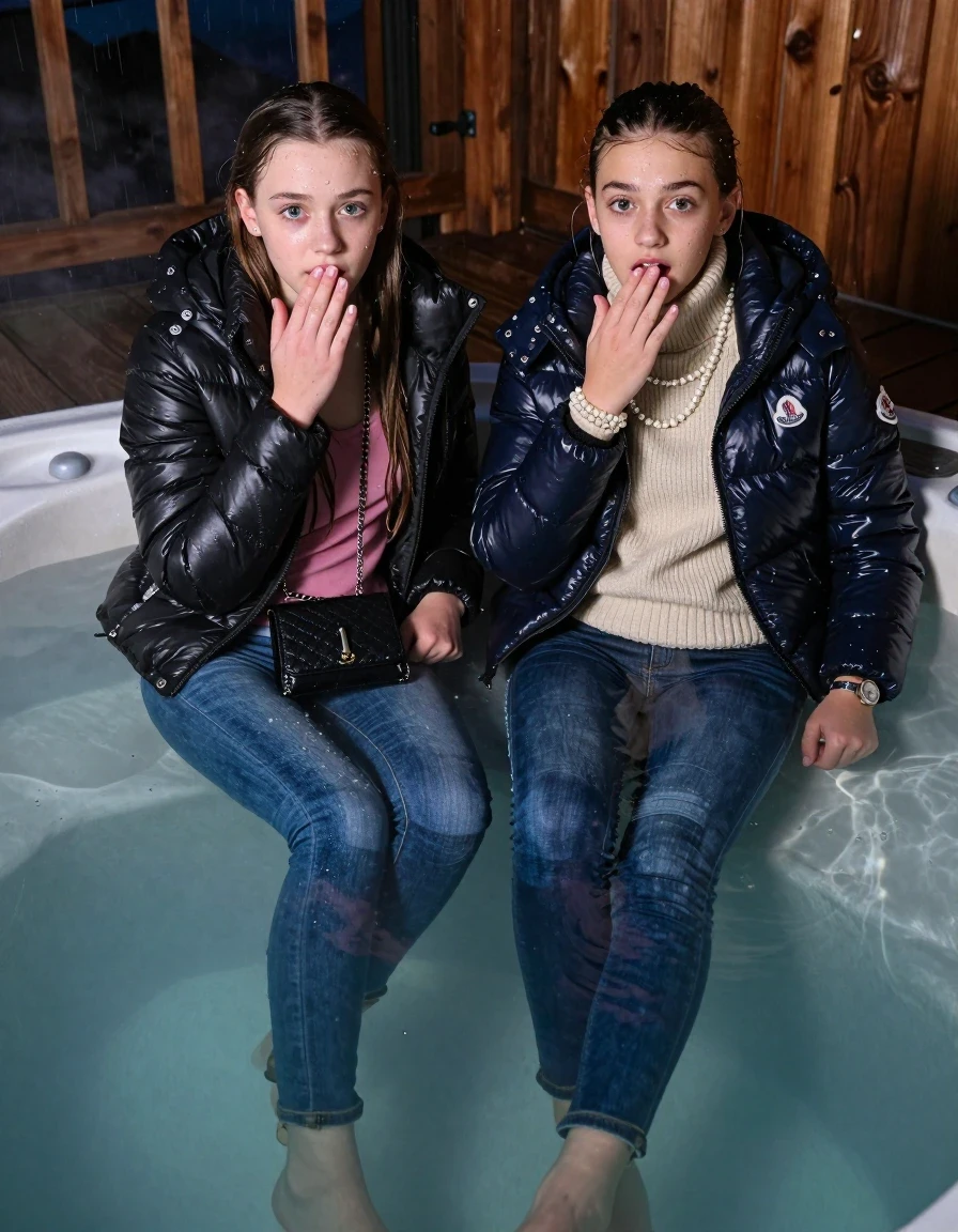 photo of young woman, in soaking wet, drenched clothes,
Boots, Drenched and soaked tight skinny jeans, Moncler shiny Puffer down jacket,  knit turtelneck sweater, handbag, pearl necklace, bracelet, wristwatch , A realistic fashion photograph of  two 15-year-old girl  swimming in a steaming hot tub on a wooden mountain cabin deck at night. Heavy Rain., 
enjoying, wet clothes stuck to body,
detailed textures of the wet clothes, wet face, wet plastered hair,
wet, drenched, professional, high-quality details, full body view.
sharp focus, ultra-high pixel detail, realistic, high-quality, full colors, incredibly detailed, 4k, 8k, 16k, hyper-realistic, RAW photo, masterpiece, ultra-detailed, professionally color graded, professional photograph, Sleek long straight hair and Sleek long ponytail 

Two 15-years-old teenage girl. 

Hold a hand over her mouth. Open mouth, big eyes. 

All girls wear different clothes.

One is completely underwater up to her neck, afraid and astonished expression.

All girls Laying her breast on the surface. Legs and Bodys are under the surface.

her submerged clothes are hardly visible under water, she soaked her handbag into the water

close up view, wet skin, wet clothes, wet hair, damp fabric, water runs down the clothes, wet skin, wet clothes., wet skin, wet clothes, damp fabric
