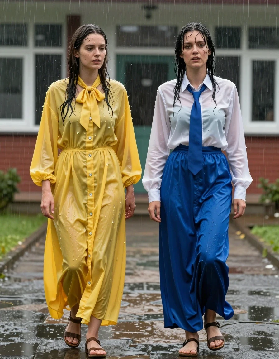 photo of young woman, in soaking wet, drenched clothes,
sandals, both: maxi dress, 1st woman: oversized yellow buttoned-down nylon dress with bowtie; 2nd woman: white long-sleeved satin blouse with blue necktie, maxi blue silk skirt, outside the school building, 
enjoying, wet clothes stuck to body,
detailed textures of the wet clothes, wet face, wet plastered hair,
wet, drenched, professional, high-quality details, full body view.
sharp focus, ultra-high pixel detail, realistic, high-quality, full colors, incredibly detailed, 4k, 8k, 16k, hyper-realistic, RAW photo, masterpiece, ultra-detailed, professionally color graded, professional photograph, nerdy lesbian teachers in their 30s locked out during torrential downpour, wet skin, wet clothes, damp fabric