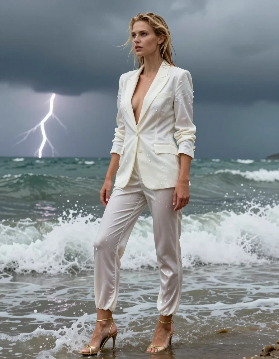 photo of young woman, in soaking wet, drenched clothes,
Strappy gold stilettos , Satin pants,  white blazer , Standing in surf, thunder storm , 
enjoying, wet clothes stuck to body,
detailed textures of the wet clothes, wet face, wet plastered hair,
wet, drenched, professional, high-quality details, full body view.
sharp focus, ultra-high pixel detail, realistic, high-quality, full colors, incredibly detailed, 4k, 8k, 16k, hyper-realistic, RAW photo, masterpiece, ultra-detailed, professionally color graded, professional photograph, Blonde, wet clothes, wet skin, wet clothes, damp fabric, wet skin, wet clothes, damp fabric, wet skin, wet clothes, damp fabric