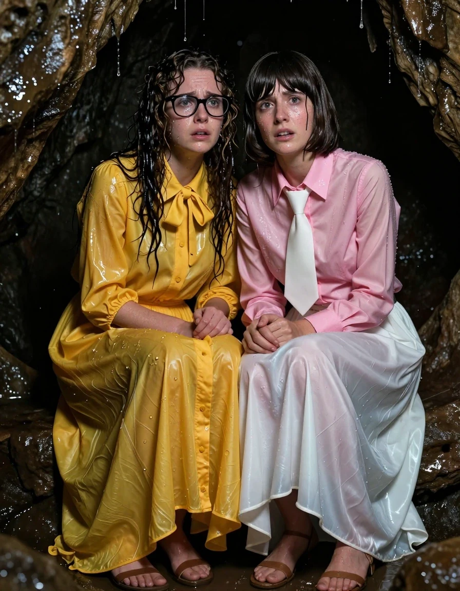 A photorealistic, hyper-detailed shot of two terrified lesbian nerdy teachers huddled together inside a dark, damp cave seeking shelter from a storm. The first woman is a young adult European with long curly hair, wearing thick-rimmed glasses and an oversized floor-length yellow buttoned-down nylon dress with a bowtie. The second woman has a Beatles-style haircut and wears a long-sleeved pink satin blouse with a white necktie and a floor-length white silk skirt. Both women are wearing sandals. Their skin is glistening with moisture, hair is matted and dripping, and their clothing is heavily soaked, clinging to their bodies with dark, heavy, translucent patches where the fabric is saturated. The nylon, satin, and silk textures show deep, wet folds, water-sheen, and clingy, heavy fabric behavior. The cave walls are slick, glistening with condensation, and water drips from the ceiling. Dim, moody lighting catches the specular reflections on their wet skin and saturated clothes. Cinematic composition, 8k resolution, highly realistic, intense emotional expressions of fear and vulnerability, sharp focus on textures.