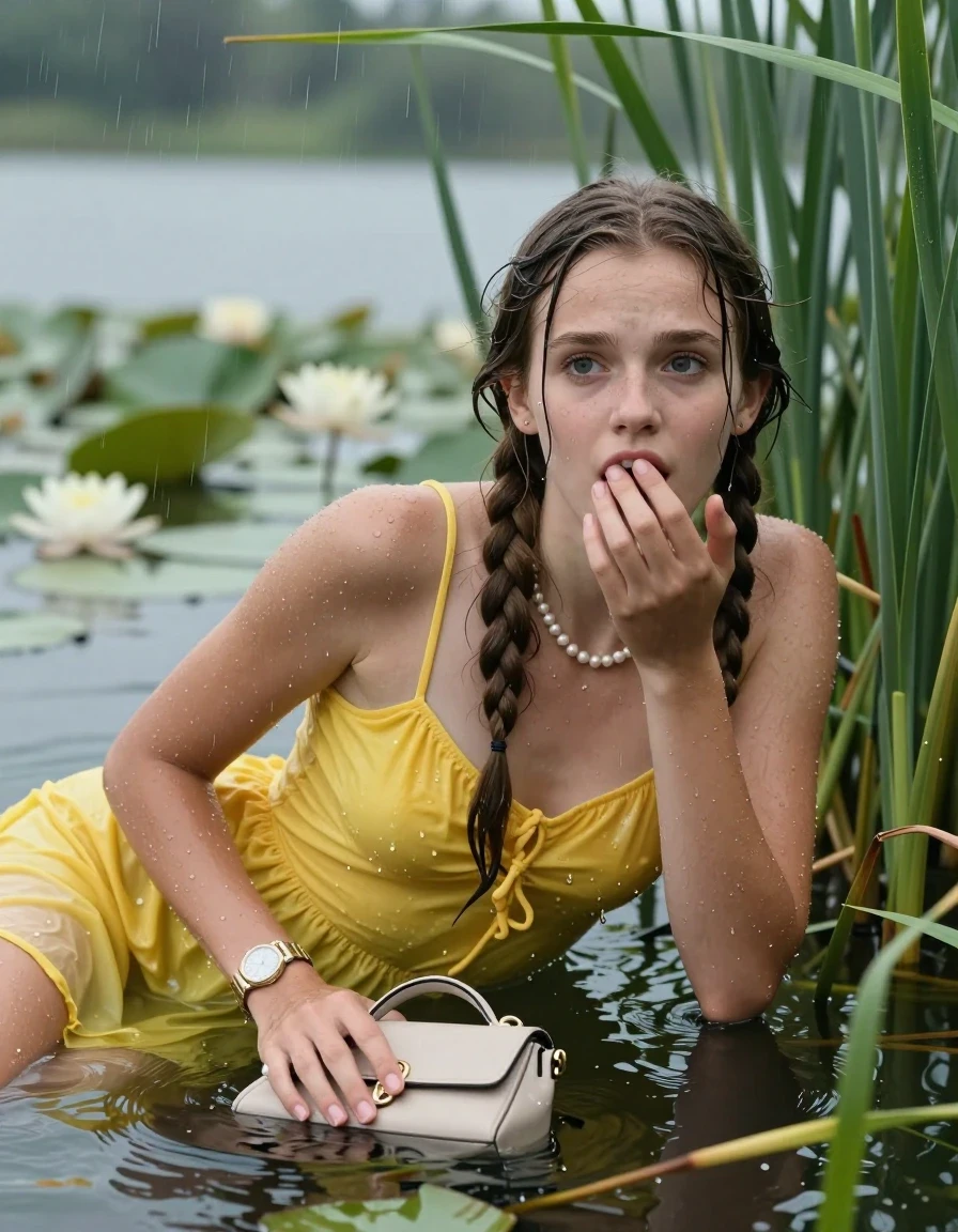 photo of young woman, in soaking wet, drenched clothes,
, , Small yellow dress with spaghetti straps and wide neckline, handbag, pearl necklace, bracelet, wristwatch , Emerging after diving in a lake with water lilies and reeds, rain , 
enjoying, wet clothes stuck to body,
detailed textures of the wet clothes, wet face, wet plastered hair,
wet, drenched, professional, high-quality details, full body view.
sharp focus, ultra-high pixel detail, realistic, high-quality, full colors, incredibly detailed, 4k, 8k, 16k, hyper-realistic, RAW photo, masterpiece, ultra-detailed, professionally color graded, professional photograph, Two long braids

15 years old  teenage girl

Laying her breast on the surface.  Looking slightly away. Hold her hand on mouth.

she is completely underwater up to her neck, afraid and astonished expression. 

She hides in the reeds and is surprised by spectators

her submerged clothes are hardly vusible under water, she soaked her handbag into the water

close up view, wet skin, wet clothes, wet hair, damp fabric, water runs down the clothes, wet skin, wet clothes, damp fabric, wet skin, wet clothes, damp fabric, wet skin, wet clothes, damp fabric, wet skin, wet clothes, damp fabric, wet skin, wet clothes, damp fabric, wet skin, wet clothes, damp fabric, wet skin, wet clothes, damp fabric, wet skin, wet clothes, damp fabric, wet skin, wet clothes, damp fabric, wet skin, wet clothes, damp fabric, wet skin, wet clothes, damp fabric, wet skin, wet clothes, damp fabric, wet skin, wet clothes, damp fabric, wet skin, wet clothes, damp fabric, wet skin, wet clothes, damp fabric, wet skin, wet clothes, damp fabric, wet skin, wet clothes, damp fabric, wet skin, wet clothes, damp fabric, wet skin, wet clothes, damp fabric