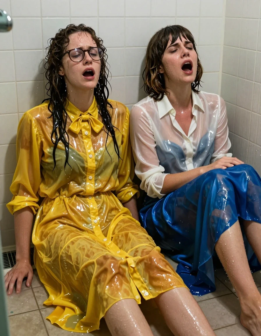 Hyper-realistic portrait of two exhausted, gasping-for-air lesbian teachers sitting on the tiled floor of an empty flooded shower, backs against the wall. The first woman is a young European with long curly hair and glasses, wearing an oversized floor-length yellow buttoned-down nylon dress with a bowtie, the fabric clinging to her body, heavy with water, showing deep saturated patches and glossy wet textures. The second woman has Beatles-style hair, wearing a white long-sleeved satin blouse and a long blue silk skirt, the fabrics translucent and heavy with moisture, clinging to her skin. Both women are drenched in sweat and water, skin glistening with heavy sheen, hair matted and wet, clothes darkened by saturation. The setting is a sterile, tiled shower stall with several inches of standing water on the floor, reflecting the harsh overhead light. High-contrast wetness, visible water droplets running down faces and limbs, damp textures, intense expressions of exhaustion, cinematic lighting, 8k resolution, highly detailed skin pores and fabric weaves, photorealistic wet-look aesthetic.