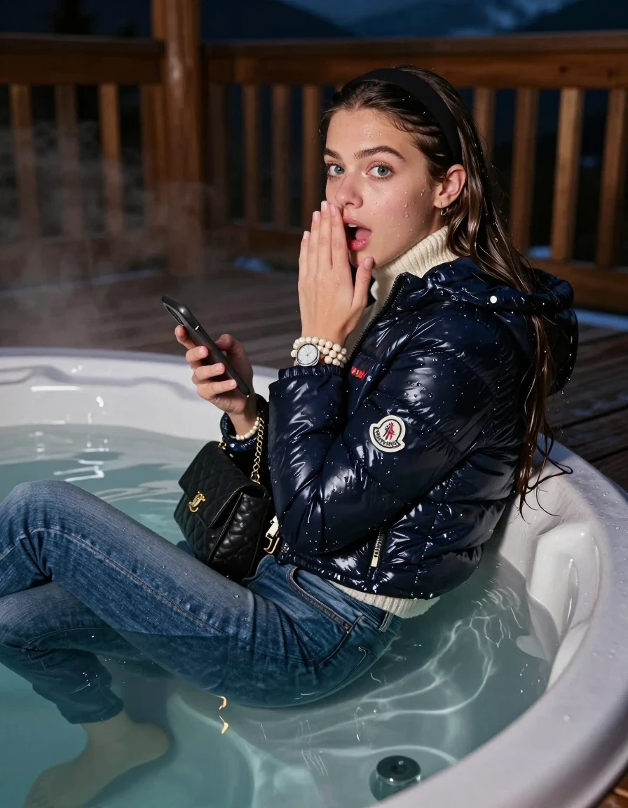 photo of young woman, in soaking wet, drenched clothes,
, Drenched and soaked tight skinny jeans, Moncler shiny Puffer down jacket,  knit turtelneck sweater, handbag, pearl necklace, bracelet, wristwatch , A realistic vertical fashion photograph of a 19-year-old girl submerged at the edge of a steaming hot tub on a wooden mountain cabin deck at night. She is looking back over her shoulder toward the camera with an expectant and playful expression., 
enjoying, wet clothes stuck to body,
detailed textures of the wet clothes, wet face, wet plastered hair,
wet, drenched, professional, high-quality details, full body view.
sharp focus, ultra-high pixel detail, realistic, high-quality, full colors, incredibly detailed, 4k, 8k, 16k, hyper-realistic, RAW photo, masterpiece, ultra-detailed, professionally color graded, professional photograph, Close-up. 
Sleek long straight hair with hairband

19 years old  teenage girl

open mouth, big eyes, one hand on her mouth and in the other hand her smartphone. Laying her breast on the surface.  Looking at camera.

she is completely underwater up to her neck, afraid and astonished expression.

her submerged clothes are hardly vusible under water, she soaked her handbag into the water

close up view, wet skin, wet clothes, wet hair, damp fabric, water runs down the clothes, wet skin, wet clothes, damp fabric, wet skin, wet clothes, damp fabric, wet skin, wet clothes, damp fabric, wet skin, wet clothes, damp fabric, wet skin, wet clothes, damp fabric, wet skin, wet clothes, damp fabric, wet skin, wet clothes, damp fabric, wet skin, wet clothes, damp fabric, wet skin, wet clothes, damp fabric, wet skin, wet clothes, damp fabric, wet skin, wet clothes, damp fabric, wet skin, wet clothes, damp fabric, wet skin, wet clothes, damp fabric, wet skin, wet clothes, damp fabric, wet skin, wet clothes, damp fabric, wet skin, wet clothes, damp fabric, wet skin, wet clothes, damp fabric, wet skin, wet clothes, damp fabric