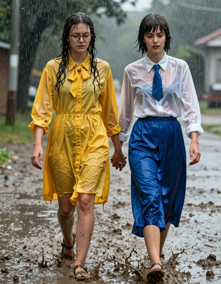 A photorealistic medium-full shot of two young adult European women, both nerdy teachers, walking hand-in-hand through a torrential downpour on an empty, desolate muddy road, knee-deep in thick, dark mud. The first woman has long curly hair, wearing glasses and an oversized yellow buttoned-down nylon dress with a bowtie; the second woman has a Beatles-style haircut, wearing a white long-sleeved satin blouse with a blue necktie and a maxi blue silk skirt. Both women are wearing sandals that are caked in mud. The scene is depicted with hyper-realistic wetness: their hair is plastered to their faces and necks, skin is glistening with heavy rain, and their clothing is completely soaked, showing deep, dark color saturation, heavy fabric weight, and clinging to their bodies with dramatic folds and water sheen. The mud is thick, glossy, and splashing around their ankles. The lighting is moody and overcast, capturing the gray atmosphere of a heavy storm. High-resolution photography, sharp focus on the textures of the water-drenched silk, nylon, and skin, cinematic composition, realistic rain streaks, atmospheric depth.