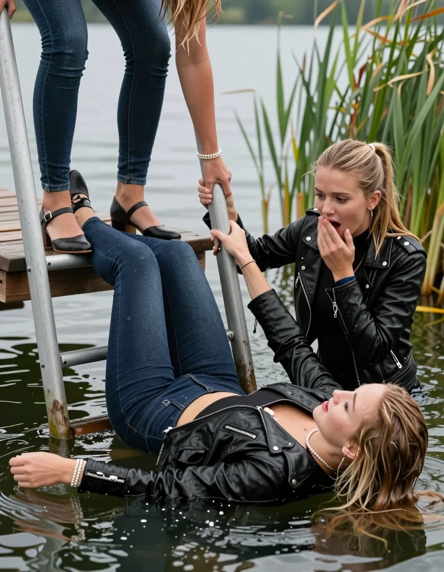photo of young woman, in soaking wet, drenched clothes,
Heels, Completely soaked tight skinny jeans , black biker leatherjacket, Tight turtleneck sweater belly free, handbag, pearl necklace, bracelet, wristwatch , Two Girls with a hand on her mouth on a wooden bathing platform with a bathing ladder on a beautiful lake. The shocked girls smiles with a sense of adventure and climbs the ladder already half submerged into the water. The water reaches up to her chest. , 
enjoying, wet clothes stuck to body,
detailed textures of the wet clothes, wet face, wet plastered hair,
wet, drenched, professional, high-quality details, full body view.
sharp focus, ultra-high pixel detail, realistic, high-quality, full colors, incredibly detailed, 4k, 8k, 16k, hyper-realistic, RAW photo, masterpiece, ultra-detailed, professionally color graded, professional photograph, Different hair styles, Blonde sleek long straight hair or sleek ponytail

19 years old  teenage girl

Laying her breast on the surface.  Looking slightly away.

One Girl inside the water with a biker leatherjacket and one hand on her mouth, hold with the other the viewer's hand, pulling them she is completely underwater up to her neck, afraid and astonished expression. 

She hides in the reeds.

her submerged clothes are hardly vusible under water, she soaked her handbag into the water. The Girls wear different clothes. 

close up view, wet skin, wet clothes, wet hair, damp fabric, water runs down the clothes, wet skin, wet clothes, damp fabric, wet skin, wet clothes, damp fabric, wet skin, wet clothes, damp fabric, wet skin, wet clothes, damp fabric, wet skin, wet clothes, damp fabric, wet skin, wet clothes, damp fabric, wet skin, wet clothes, damp fabric, wet skin, wet clothes, damp fabric, wet skin, wet clothes, damp fabric, wet skin, wet clothes, damp fabric, wet skin, wet clothes, damp fabric, wet skin, wet clothes, damp fabric, wet skin, wet clothes, damp fabric, wet skin, wet clothes, damp fabric, wet skin, wet clothes, damp fabric, wet skin, wet clothes, damp fabric, wet skin, wet clothes, damp fabric, wet skin, wet clothes, damp fabric, wet skin, wet clothes, damp fabric, wet skin, wet clothes, damp fabric, wet skin, wet clothes, damp fabric