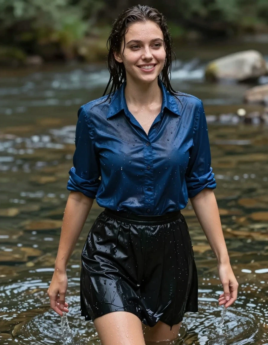 photo of young woman, in soaking wet, drenched clothes,
Black shiny school skirt, Satin blue blouse, river, 
enjoying, wet clothes stuck to body,
detailed textures of the wet clothes, wet face, wet plastered hair,
wet, drenched, professional, high-quality details, full body view.
sharp focus, ultra-high pixel detail, realistic, high-quality, full colors, incredibly detailed, 4k, 8k, 16k, hyper-realistic, RAW photo, masterpiece, ultra-detailed, professionally color graded, professional photograph, wet skin, wet clothes, damp fabric