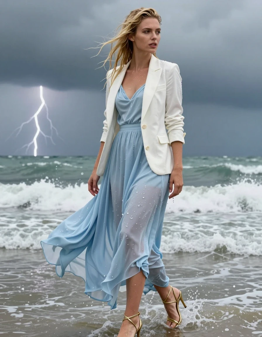 photo of young woman, in soaking wet, drenched clothes,
Strappy gold stilettos , Pale blue ballgown , white blazer , Standing in surf, thunder storm , 
enjoying, wet clothes stuck to body,
detailed textures of the wet clothes, wet face, wet plastered hair,
wet, drenched, professional, high-quality details, full body view.
sharp focus, ultra-high pixel detail, realistic, high-quality, full colors, incredibly detailed, 4k, 8k, 16k, hyper-realistic, RAW photo, masterpiece, ultra-detailed, professionally color graded, professional photograph, Blonde, wet clothes, wet skin, wet clothes, damp fabric, wet skin, wet clothes, damp fabric
