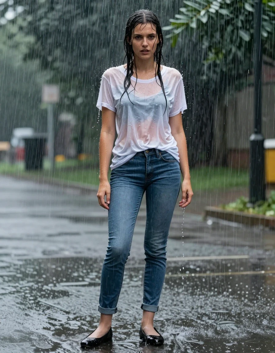 photo of young woman, in soaking wet, drenched clothes,
Black Flats, light Pantyhose, Long Jeans, T-Shirt, , 
enjoying, wet clothes stuck to body,
detailed textures of the wet clothes, wet face, wet plastered hair,
wet, drenched, professional, high-quality details, full body view.
sharp focus, ultra-high pixel detail, realistic, high-quality, full colors, incredibly detailed, 4k, 8k, 16k, hyper-realistic, RAW photo, masterpiece, ultra-detailed, professionally color graded, professional photograph, A young girl is standing in very heavy Rainstorm.  She is completely soaked from head to toe, with water streaming down her entire body. Her clothes are clinging to her., wet skin, wet clothes, damp fabric