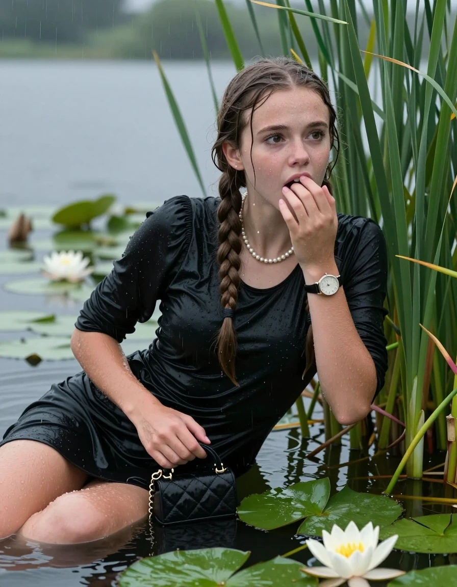 photo of young woman, in soaking wet, drenched clothes,
, , Short black cocktail dress, handbag, pearl necklace, bracelet, wristwatch , Emerging after diving in a lake with water lilies and reeds, rain , 
enjoying, wet clothes stuck to body,
detailed textures of the wet clothes, wet face, wet plastered hair,
wet, drenched, professional, high-quality details, full body view.
sharp focus, ultra-high pixel detail, realistic, high-quality, full colors, incredibly detailed, 4k, 8k, 16k, hyper-realistic, RAW photo, masterpiece, ultra-detailed, professionally color graded, professional photograph, Two long braids

15 years old  teenage girl

Laying her breast on the surface.  Looking slightly away. Hold her hand on mouth.

she is completely underwater up to her neck, afraid and astonished expression. 

She hides in the reeds and is surprised by spectators

her submerged clothes are hardly vusible under water, she soaked her handbag into the water

close up view, wet skin, wet clothes, wet hair, damp fabric, water runs down the clothes, wet skin, wet clothes, damp fabric, wet skin, wet clothes, damp fabric, wet skin, wet clothes, damp fabric, wet skin, wet clothes, damp fabric, wet skin, wet clothes, damp fabric, wet skin, wet clothes, damp fabric, wet skin, wet clothes, damp fabric, wet skin, wet clothes, damp fabric, wet skin, wet clothes, damp fabric, wet skin, wet clothes, damp fabric, wet skin, wet clothes, damp fabric, wet skin, wet clothes, damp fabric, wet skin, wet clothes, damp fabric, wet skin, wet clothes, damp fabric, wet skin, wet clothes, damp fabric, wet skin, wet clothes, damp fabric, wet skin, wet clothes, damp fabric, wet skin, wet clothes, damp fabric, wet skin, wet clothes, damp fabric