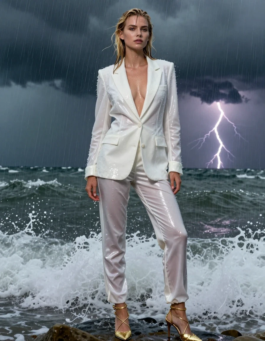 A stunning young adult European woman with wet, blonde hair and glistening wet skin, standing amidst crashing waves in a turbulent thunderstorm. She is wearing a crisp white blazer that is thoroughly soaked, with the fabric clinging to her frame, heavy with moisture, and showing deep translucent wet folds. Beneath the blazer, she wears satin pants that are completely saturated, clinging to her legs with a high-sheen, water-slicked texture that reflects the dramatic, moody lightning. On her feet are intricate strappy gold stilettos that glisten with water droplets. The atmosphere is dark and cinematic, with heavy rain pouring down, creating a strong glossy sheen on her skin and clothing. Professional fashion photography, photorealistic, high contrast, sharp focus on the textures of the damp fabric and water-drenched details, dramatic storm lighting, 8k resolution.