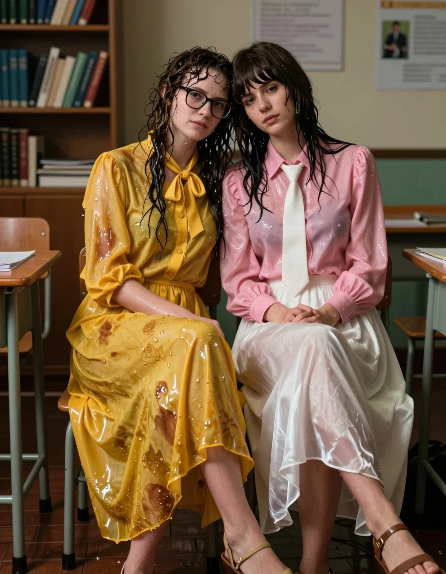 A photorealistic, highly detailed scene of two young adult European women, both nerdy teachers, relaxing in each other's arms inside a dimly lit, cozy teachers' room. The first woman has long curly hair and is wearing glasses; she is dressed in an oversized, floor-length yellow buttoned-down nylon dress with a bowtie. The second woman has a Beatles-style haircut and is wearing a long-sleeved pink satin blouse with a white necktie and a floor-length white silk skirt. Both women are wearing sandals. They are visibly drenched from a storm outside; their skin is glistening with water, their hair is matted and wet, and their clothes are heavily soaked, showing darker, saturated patches, clinging to their bodies, and exhibiting heavy, damp fabric folds and a realistic water sheen. The lighting is soft and atmospheric, highlighting the glistening wet textures of the fabric and skin. The composition is a medium-full shot capturing their intimate, relaxed embrace, with the background showing bookshelves and desks of a traditional teachers' room, rendered with cinematic clarity, sharp focus, and authentic photographic quality.