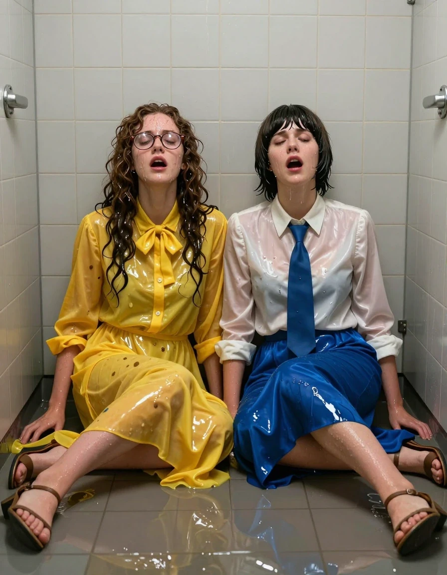 Hyper-realistic full-body shot of two young adult European women, nerdy teachers, sitting on the tiled floor of an empty, flooded public toilet, backs leaning against the wall, gasping for air and looking exhausted after intimacy. The first woman has long curly hair, wears glasses, and is dressed in an oversized floor-length yellow buttoned-down nylon dress with a bowtie; the second woman has a Beatles-style haircut and wears a white long-sleeved satin blouse with a blue necktie and a floor-length blue silk skirt. Both are wearing sandals. Their skin is drenched in sweat and water, with hair clinging to their faces and necks. Their clothing is heavily soaked, with the nylon and silk fabrics clinging to their bodies, showing dark, water-saturated patches, heavy wet folds, and glossy specular reflections from the high water content. The flooded floor reflects the harsh overhead fluorescent lighting of the tiled room. The scene is captured with high-detail photographic clarity, emphasizing the texture of the wet fabrics, glistening sweaty skin, and the damp, claustrophobic atmosphere of the flooded restroom.