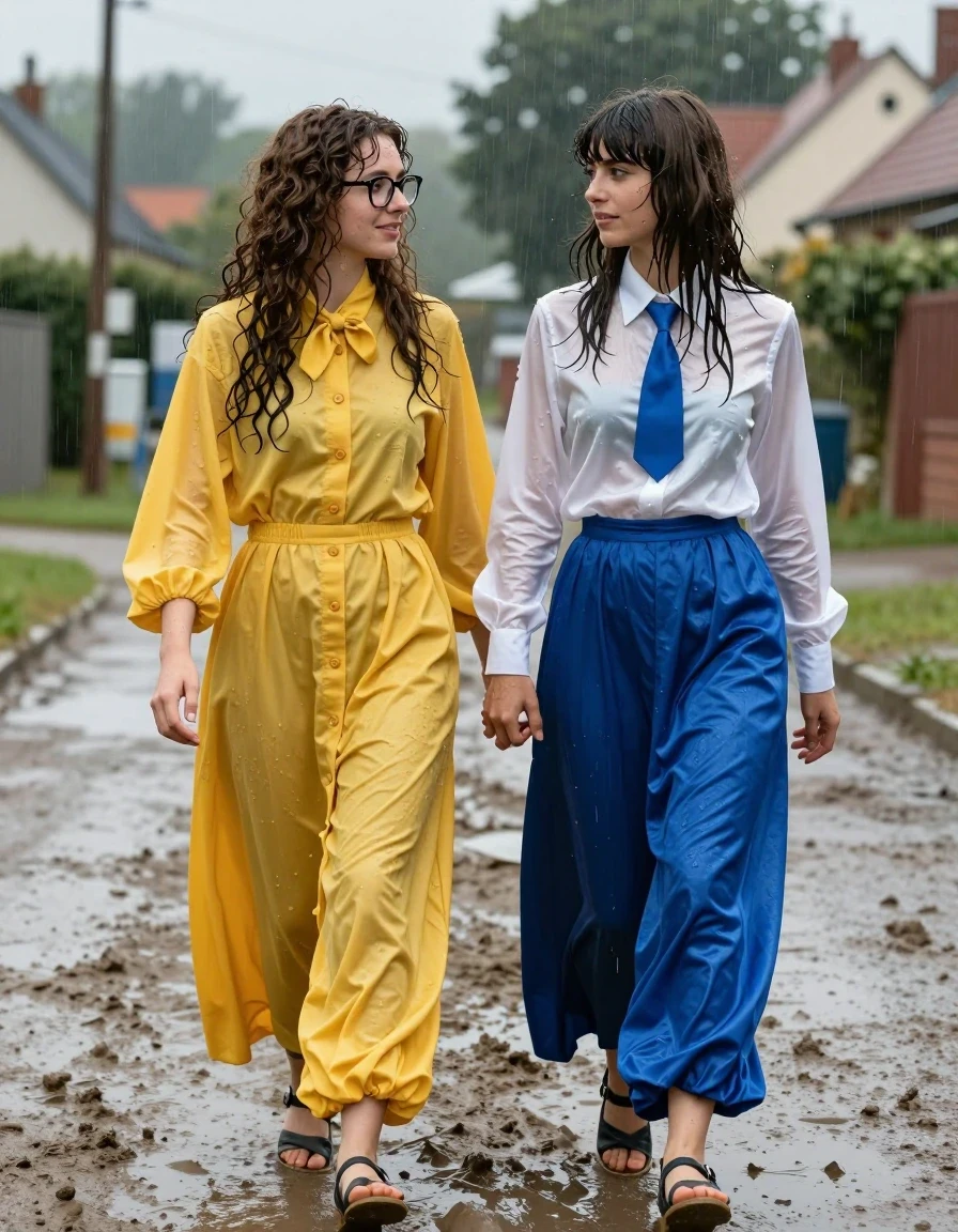photo of young woman, in soaking wet, drenched clothes,
sandals, both: maxi long dress or skirt, 1st long curly haired woman: glasses, oversized yellow buttoned-down nylon dress with bowtie; 2nd Beatles haired woman: white long-sleeved satin blouse with blue necktie, maxi blue silk skirt, on an empty muddy road knee deep in mud, 
enjoying, wet clothes stuck to body,
detailed textures of the wet clothes, wet face, wet plastered hair,
wet, drenched, professional, high-quality details, full body view.
sharp focus, ultra-high pixel detail, realistic, high-quality, full colors, incredibly detailed, 4k, 8k, 16k, hyper-realistic, RAW photo, masterpiece, ultra-detailed, professionally color graded, professional photograph, lesbian nerdy teachers stranded in a downpour, walking towards a village while holding hands, wet skin, wet clothes, damp fabric