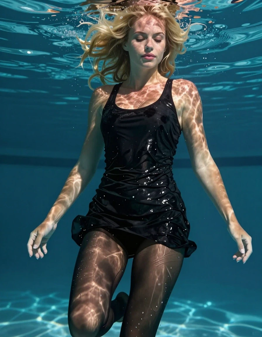 A professional RAW photograph of a beautiful blonde European woman floating underwater in a crystal-clear swimming pool. She is wearing a soaking-wet black minidress and dark, sheer pantyhose that are completely drenched and clinging to her skin. The fabric of the minidress is heavy with water, showing deep folds, saturated texture, and dark, clingy patches where the material adheres to her silhouette. Her pantyhose are translucent and water-saturated, highlighting the texture of the fabric against her legs. She has a wet, peaceful expression, with her hair plastered to her face and body by the water. The scene is captured in a full-body view with sharp focus, emphasizing the hyper-realistic wet skin, glossy water sheen, and intricate details of the drenched clothing. Professional underwater lighting creates strong, realistic specular reflections and highlights on the wet fabric and skin. 8k resolution, ultra-high pixel detail, masterpiece, professionally color graded, vivid colors, hyper-realistic, high-contrast underwater photography.
