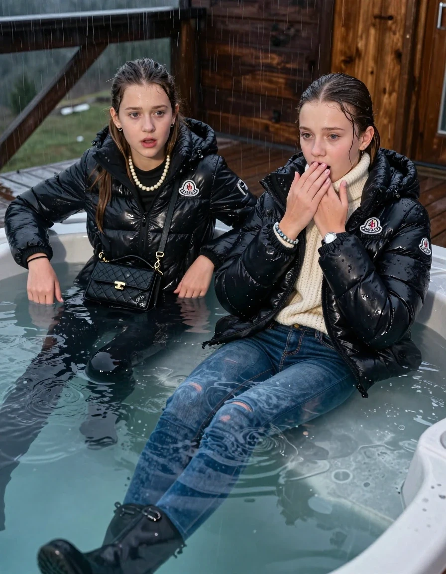 photo of young woman, in soaking wet, drenched clothes,
Boots, Drenched and soaked tight skinny jeans, Moncler shiny Puffer down jacket and Puffer down jacket from north face,  knit turtelneck sweater, handbag, pearl necklace, bracelet, wristwatch , A realistic fashion photograph of  two 15-year-old girl  under Heavy Rain swimming in a steaming hot tub on a wooden mountain cabin deck at night. Heavy Rain., 
enjoying, wet clothes stuck to body,
detailed textures of the wet clothes, wet face, wet plastered hair,
wet, drenched, professional, high-quality details, full body view.
sharp focus, ultra-high pixel detail, realistic, high-quality, full colors, incredibly detailed, 4k, 8k, 16k, hyper-realistic, RAW photo, masterpiece, ultra-detailed, professionally color graded, professional photograph, Sleek long straight hair and Sleek long ponytail 

Two 15-years-old teenage girl. 

Hold a hand over her mouth. Open mouth, big eyes. 

All girls wear different clothes.

One is completely underwater up to her neck, afraid and astonished expression.

All girls Laying her breast on the surface. Legs and Bodys are under the surface.

her submerged clothes are hardly visible under water, she soaked her handbag into the water

close up view, wet skin, wet clothes, wet hair, damp fabric, water runs down the clothes, wet skin, wet clothes., wet skin, wet clothes, damp fabric