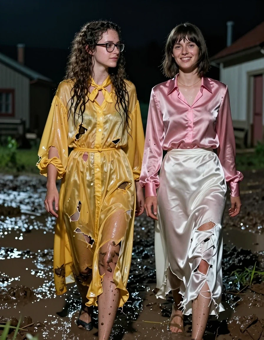 Hyper-realistic full-body shot of two young adult European lesbian teachers in a muddy village at night, celebrating their safe return. One woman with long curly hair and glasses wears an oversized, floor-length yellow buttoned-down nylon dress with a bowtie; the other woman with a Beatles-style haircut wears a pink long-sleeved satin blouse and a floor-length white silk skirt. Both women are wearing sandals. Their clothes are heavily ripped and torn from a recent shipwreck, clinging to their bodies with water-saturated, heavy, damp fabric textures. Their skin and hair are drenched, glistening with water droplets and a realistic sheen. The fabric of their clothing is dark, soaked, and clinging, with deep folds and heavy textures showing the weight of the water. The environment is a dark, atmospheric muddy village at night with puddles reflecting the dim ambient light. High-contrast lighting highlights the wet skin, the translucent quality of the sodden silk and satin, and the glossy, clinging nylon. Photorealistic, cinematic composition, 8k resolution, extreme detail on wet textures, mud splatters, and emotional expressions of joy.