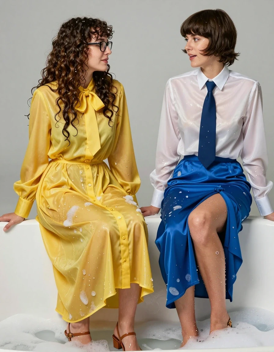 photo of young woman, in soaking wet, drenched clothes,
sandals, both: floor-length long dress or skirt, 1st long curly haired woman: glasses, oversized  floor-length yellow buttoned-down nylon dress with bowtie; 2nd Beatles haired woman: white long-sleeved satin blouse with blue necktie,  floor-length blue silk skirt taken off to the knee, bathtub taking a foam bath, 
enjoying, wet clothes stuck to body,
detailed textures of the wet clothes, wet face, wet plastered hair,
wet, drenched, professional, high-quality details, full body view.
sharp focus, ultra-high pixel detail, realistic, high-quality, full colors, incredibly detailed, 4k, 8k, 16k, hyper-realistic, RAW photo, masterpiece, ultra-detailed, professionally color graded, professional photograph, lesbian nerdy teachers having an orgasm, wet skin, wet clothes, damp fabric