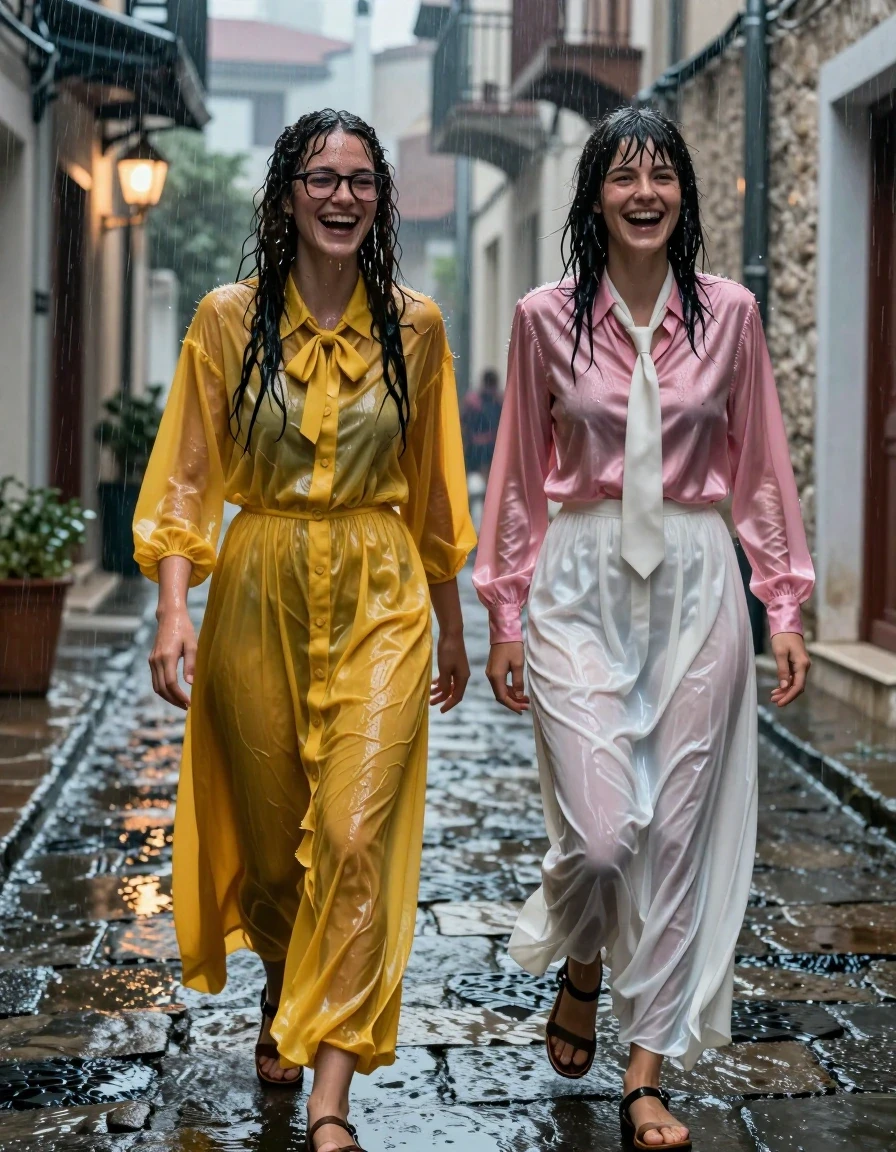 Photorealistic cinematic shot of two young adult European lesbian nerdy teachers laughing joyfully during a torrential nighttime downpour in a narrow Greek town street. The first woman features long curly hair, wearing thick-rimmed glasses and an oversized floor-length yellow buttoned-down nylon dress with a bowtie. The second woman has Beatles-style hair, wearing a long-sleeved pink satin blouse with a white necktie and a floor-length white silk skirt. Both women are wearing sandals. Their clothes are completely drenched and heavy with water, exhibiting high transparency, clinging to their bodies, and showing deep, saturated colors with heavy folds and glossy water sheen. Their hair is matted and dripping, and their skin has a realistic wet, glistening texture. The environment is a rain-slicked Greek stone-paved alleyway at night, with dark, soaked cobblestones reflecting the dim, warm glow of nearby lanterns. The heavy rainfall is visible as streaks in the air, creating a misty, atmospheric scene. High-contrast lighting, 8k resolution, captured on 35mm lens, sharp focus on expressions, hyper-realistic water physics, wet texture detail.