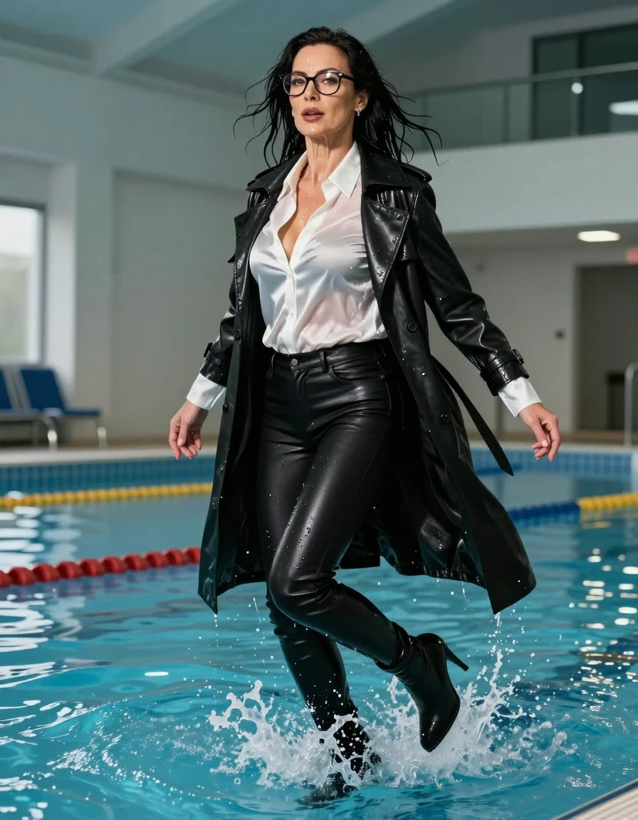 photo of young woman, in soaking wet, drenched clothes,
high-heeled boots, long tight black leather jeans, white silk satin shirt with long sleeves, maxi black leather trenchcoat, jump in water after swim in indoor swimming pool, enjoying wet clothes stuck body, enjoying, wet clothes stuck to body, 
enjoying, wet clothes stuck to body,
detailed textures of the wet clothes, wet face, wet plastered hair,
wet, drenched, professional, high-quality details, full body view.
sharp focus, ultra-high pixel detail, realistic, high-quality, full colors, incredibly detailed, 4k, 8k, 16k, hyper-realistic, RAW photo, masterpiece, ultra-detailed, professionally color graded, professional photograph, europen brunette skinny woman 50 years old, long dark black hair, very big and thick lips,  office glasses, complete body, wet skin, wet clothes, damp fabric, wet skin, wet clothes, damp fabric, wet skin, wet clothes, damp fabric, wet skin, wet clothes, damp fabric, wet skin, wet clothes, damp fabric