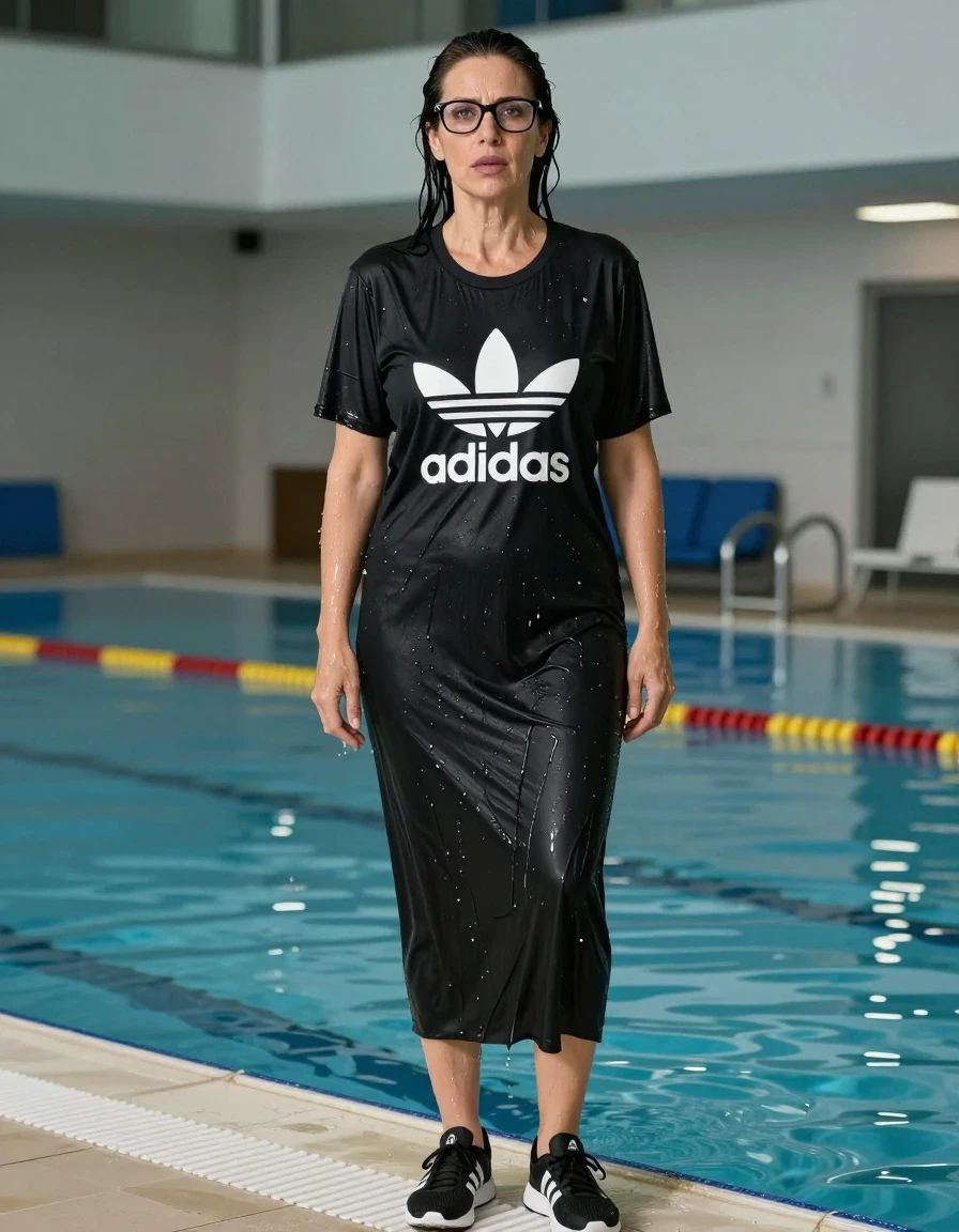 photo of young woman, in soaking wet, drenched clothes,
adidas shoes, maxi BLACK adidas t-shirt dress with short sleeves, maxi BLACK adidas t-shirt dress with short sleeves, shower after swim in indoor swimming pool, enjoying wet clothes stuck body, enjoying, wet clothes stuck to body, 
enjoying, wet clothes stuck to body,
detailed textures of the wet clothes, wet face, wet plastered hair,
wet, drenched, professional, high-quality details, full body view.
sharp focus, ultra-high pixel detail, realistic, high-quality, full colors, incredibly detailed, 4k, 8k, 16k, hyper-realistic, RAW photo, masterpiece, ultra-detailed, professionally color graded, professional photograph, europen brunette skinny woman 50 years old, long dark black hair, very big and thick lips,  office glasses, complete body, wet skin, wet clothes, damp fabric, wet skin, wet clothes, damp fabric, wet skin, wet clothes, damp fabric, wet skin, wet clothes, damp fabric, wet skin, wet clothes, damp fabric
