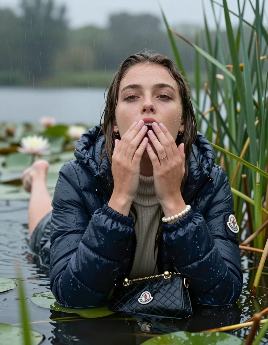 photo of young woman, in soaking wet, drenched clothes,
, , Moncler shiny Puffer down jacket,  knit turtleneck sweater, handbag, pearl necklace, bracelet, wristwatch , Emerging after diving in a lake with water lilies and reeds, rain , 
enjoying, wet clothes stuck to body,
detailed textures of the wet clothes, wet face, wet plastered hair,
wet, drenched, professional, high-quality details, full body view.
sharp focus, ultra-high pixel detail, realistic, high-quality, full colors, incredibly detailed, 4k, 8k, 16k, hyper-realistic, RAW photo, masterpiece, ultra-detailed, professionally color graded, professional photograph, Sleek long straight hair 

19 years old  teenage girl

open mouth, big eyes, hold one hand on her mouth, the other hand between her bouche .  Laying her breast on the surface.  Looking up. Half Closed eyes.

she is completely underwater up to her neck, horny  and sexuell aroused expression. Has an orgasm.

She hides in the reeds and is surprised by spectators

her submerged clothes are hardly vusible under water, she soaked her handbag into the water

close up view, wet skin, wet clothes, wet hair, damp fabric, water runs down the clothes, wet skin, wet clothes, damp fabric, wet skin, wet clothes, damp fabric, wet skin, wet clothes, damp fabric, wet skin, wet clothes, damp fabric, wet skin, wet clothes, damp fabric, wet skin, wet clothes, damp fabric, wet skin, wet clothes, damp fabric, wet skin, wet clothes, damp fabric, wet skin, wet clothes, damp fabric, wet skin, wet clothes, damp fabric, wet skin, wet clothes, damp fabric, wet skin, wet clothes, damp fabric, wet skin, wet clothes, damp fabric, wet skin, wet clothes, damp fabric, wet skin, wet clothes, damp fabric, wet skin, wet clothes, damp fabric, wet skin, wet clothes, damp fabric, wet skin, wet clothes, damp fabric