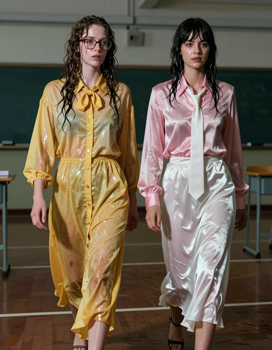 A photorealistic cinematic shot of two young adult European lesbian teachers sneaking out of a school gymnasium at night. The first woman has long curly hair, wears glasses, and is dressed in an oversized floor-length yellow buttoned-down nylon dress with a bowtie. The second woman has Beatles-style hair and wears a pink long-sleeved satin blouse with a white necktie paired with a floor-length white silk skirt. Both women are wearing sandals. Their skin and hair are visibly wet, with water sheen clinging to their faces and limbs. Their clothing is heavily soaked, showing dark, saturated patches, clinging to their bodies, and exhibiting heavy, damp fabric folds and weight. The gymnasium interior is dimly lit by overhead security lights, casting long shadows. High-detail photographic quality, captured with a 35mm lens, focus on the texture of the wet nylon, satin, and silk fabrics, realistic skin moisture, and the clandestine atmosphere of the scene.