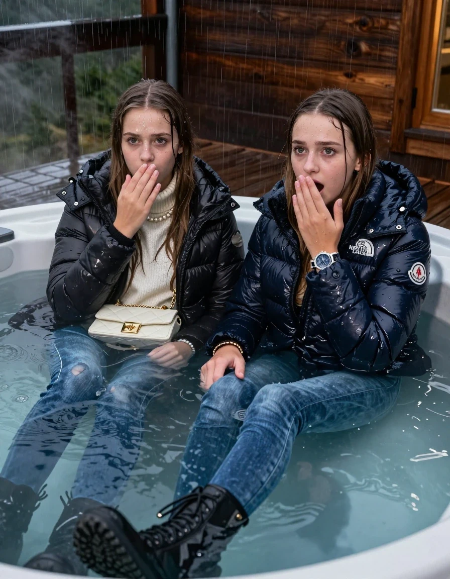 photo of young woman, in soaking wet, drenched clothes,
Boots, Drenched and soaked tight skinny jeans, Moncler shiny Puffer down jacket and Puffer down jacket from north face,  knit turtelneck sweater, handbag, pearl necklace, bracelet, wristwatch , A realistic fashion photograph of  two 15-year-old girl  under Heavy Rain swimming in a steaming hot tub on a wooden mountain cabin deck at night. Heavy Rain., 
enjoying, wet clothes stuck to body,
detailed textures of the wet clothes, wet face, wet plastered hair,
wet, drenched, professional, high-quality details, full body view.
sharp focus, ultra-high pixel detail, realistic, high-quality, full colors, incredibly detailed, 4k, 8k, 16k, hyper-realistic, RAW photo, masterpiece, ultra-detailed, professionally color graded, professional photograph, Sleek long straight hair

Two 15-years-old teenage girl. 

Hold a hand over her mouth. Open mouth, big eyes. 

All girls wear different clothes.

One is completely underwater up to her neck, afraid and astonished expression.

All girls Laying her breast on the surface. Legs and Bodys are under the surface.

her submerged clothes are hardly visible under water, she soaked her handbag into the water

close up view, wet skin, wet clothes, wet hair, damp fabric, water runs down the clothes, wet skin, wet clothes., wet skin, wet clothes, damp fabric