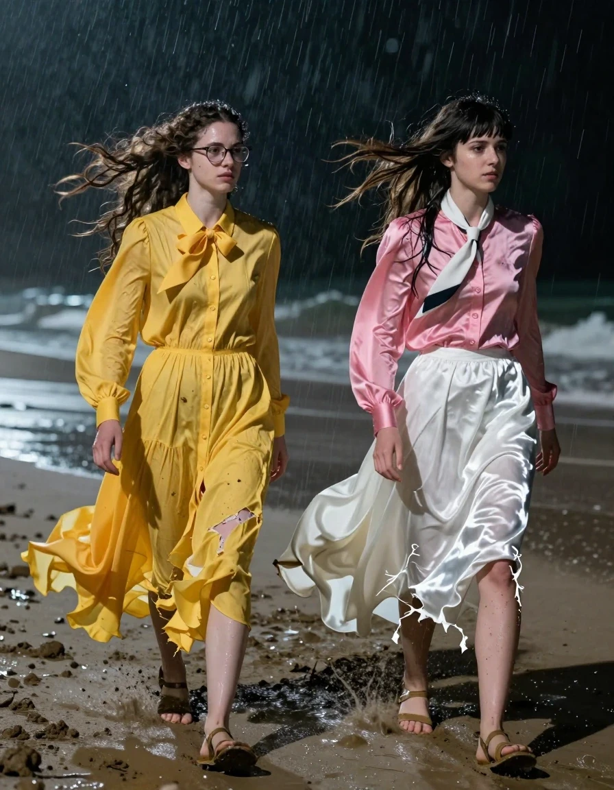 A photorealistic, cinematic shot of two young adult European lesbian nerdy teachers struggling against a powerful gale on a muddy beach at night. The first woman has long curly hair and glasses, wearing an oversized floor-length yellow buttoned-down nylon dress with a bowtie; the second woman has a Beatles-style haircut and wears a pink long-sleeved satin blouse with a white necktie and a floor-length white silk skirt. Both women are wearing sandals. The heavy winds have violently ripped their floor-length garments, revealing torn fabric edges and chaotic movement. The entire scene is drenched by a storm, resulting in soaking-wet hair and skin with a realistic water sheen. The yellow nylon dress and white silk skirt are heavily saturated, clinging to their bodies with dark, translucent patches, deep folds, and heavy wet textures. The muddy beach reflects the moonlight and the women's silhouettes, with mud splattered on their legs and clothing. High-contrast night lighting, sharp focus, 8k resolution, wet fabric physics, chaotic wind-blown atmosphere, hyper-realistic textures.