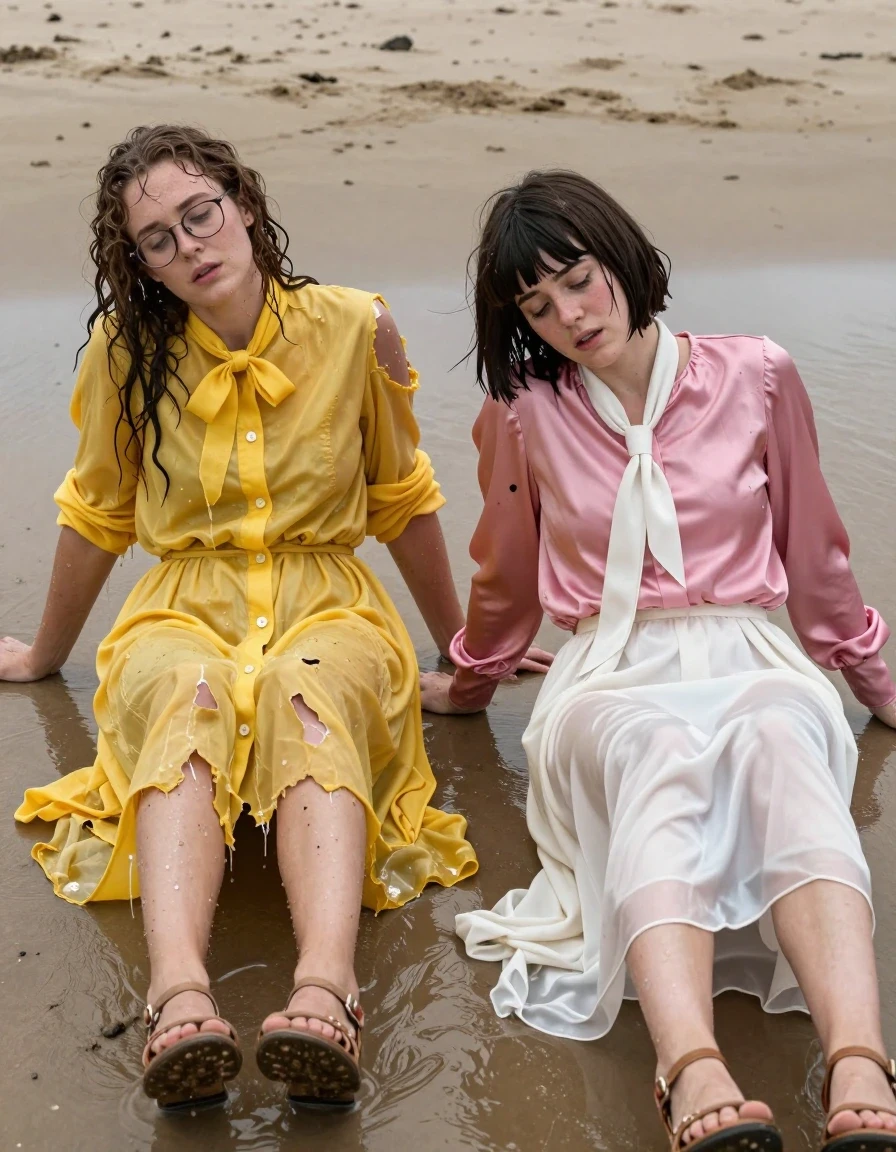A photorealistic cinematic shot of two exhausted young adult European women crawling onto a wet, sandy beach after a shipwreck. The first woman has long curly hair, wears glasses, and is dressed in an oversized floor-length yellow buttoned-down nylon dress with a bowtie; the second woman has a Beatles-style haircut and wears a pink long-sleeved satin blouse with a white necktie paired with a floor-length white silk skirt. Both women wear sandals. Their clothes are torn, heavily soaked, and clinging to their bodies, showing deep saturated colors, heavy wet folds, and translucent patches where the fabric is water-logged. Their skin is glistening with seawater, and their hair is matted and dripping. The scene captures their physical exhaustion as they struggle through the wet sand. The lighting is natural daylight reflecting off the water-soaked textures of the fabric and the damp sand. High-resolution photographic detail, 8k, sharp focus on the textures of the dripping wet nylon, satin, and silk, realistic water sheen, and gritty beach environment.