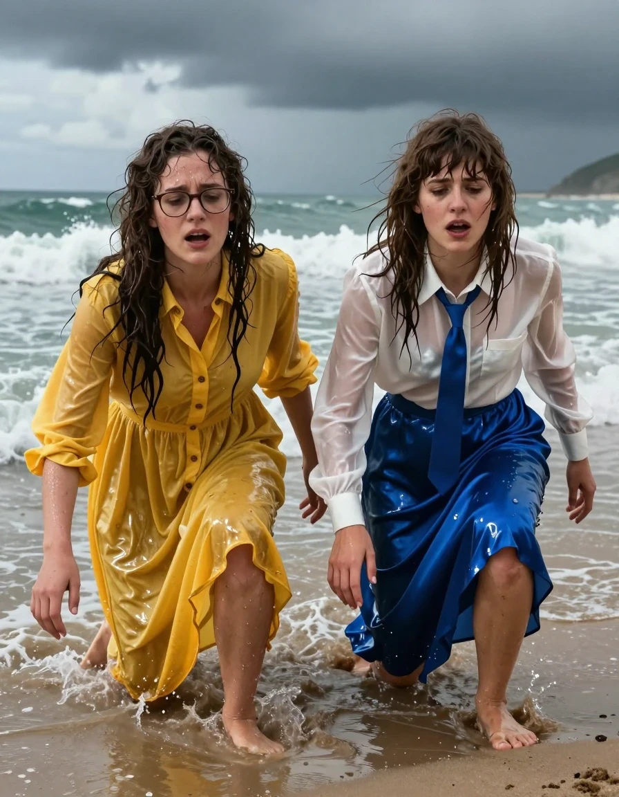Cinematic photorealistic shot of two exhausted young adult European lesbian teachers crawling out of the turbulent sea onto a sandy beach during a violent storm. The first woman has long curly hair, wears glasses, and is dressed in an oversized floor-length yellow buttoned-down nylon dress with a bowtie; the fabric is completely soaked, heavy, clinging to her skin, darkened by water, with a high-sheen wet look and deep water-saturated folds. The second woman has Beatles-style hair and wears a white long-sleeved satin blouse with a blue necktie paired with a floor-length blue silk skirt; the white blouse is translucent and plastered to her body, while the blue silk is dark, heavy, and glossy with water. Both women are wearing sandals, their skin is glistening with seawater, and their hair is matted and dripping. They are captured in a moment of intense struggle, gasping for air, faces etched with exhaustion, hands digging into the wet sand. The background features crashing waves, dark storm clouds, and dramatic, moody lighting with high-contrast reflections on the wet surfaces. Sharp focus, 8k resolution, highly detailed skin texture, realistic water physics, atmospheric storm lighting.