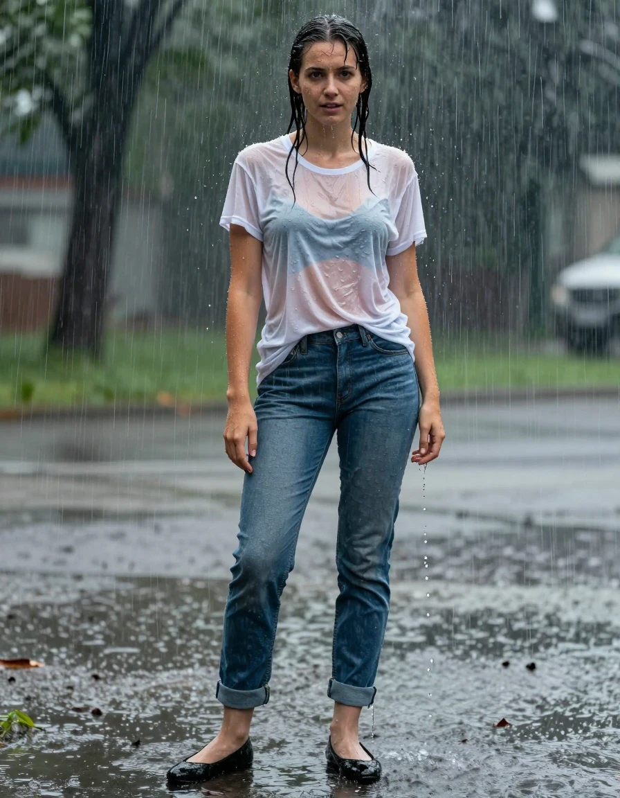 photo of young woman, in soaking wet, drenched clothes,
Black Flats, light Pantyhose, Long Jeans, T-Shirt, , 
enjoying, wet clothes stuck to body,
detailed textures of the wet clothes, wet face, wet plastered hair,
wet, drenched, professional, high-quality details, full body view.
sharp focus, ultra-high pixel detail, realistic, high-quality, full colors, incredibly detailed, 4k, 8k, 16k, hyper-realistic, RAW photo, masterpiece, ultra-detailed, professionally color graded, professional photograph, A young girl is standing in very heavy Rainstorm.  She is completely soaked from head to toe, with water streaming down her entire body. Her clothes are clinging to her., wet skin, wet clothes, damp fabric