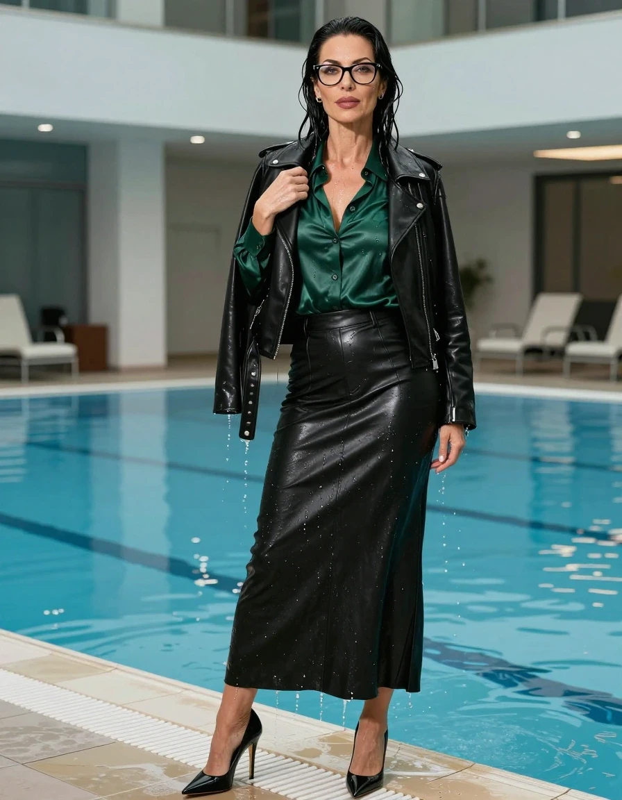 photo of young woman, in soaking wet, drenched clothes,
high-heeled shoes, maxi black leather skirt, dark green silk satin shirt with long sleeves, black leather biker jacket, shower after swim in indoor swimming pool, enjoying wet clothes stuck body, enjoying, wet clothes stuck to body, 
enjoying, wet clothes stuck to body,
detailed textures of the wet clothes, wet face, wet plastered hair,
wet, drenched, professional, high-quality details, full body view.
sharp focus, ultra-high pixel detail, realistic, high-quality, full colors, incredibly detailed, 4k, 8k, 16k, hyper-realistic, RAW photo, masterpiece, ultra-detailed, professionally color graded, professional photograph, europen brunette skinny woman 50 years old, long dark black hair, very big and thick lips,  office glasses, complete body, wet skin, wet clothes, damp fabric, wet skin, wet clothes, damp fabric, wet skin, wet clothes, damp fabric, wet skin, wet clothes, damp fabric, wet skin, wet clothes, damp fabric