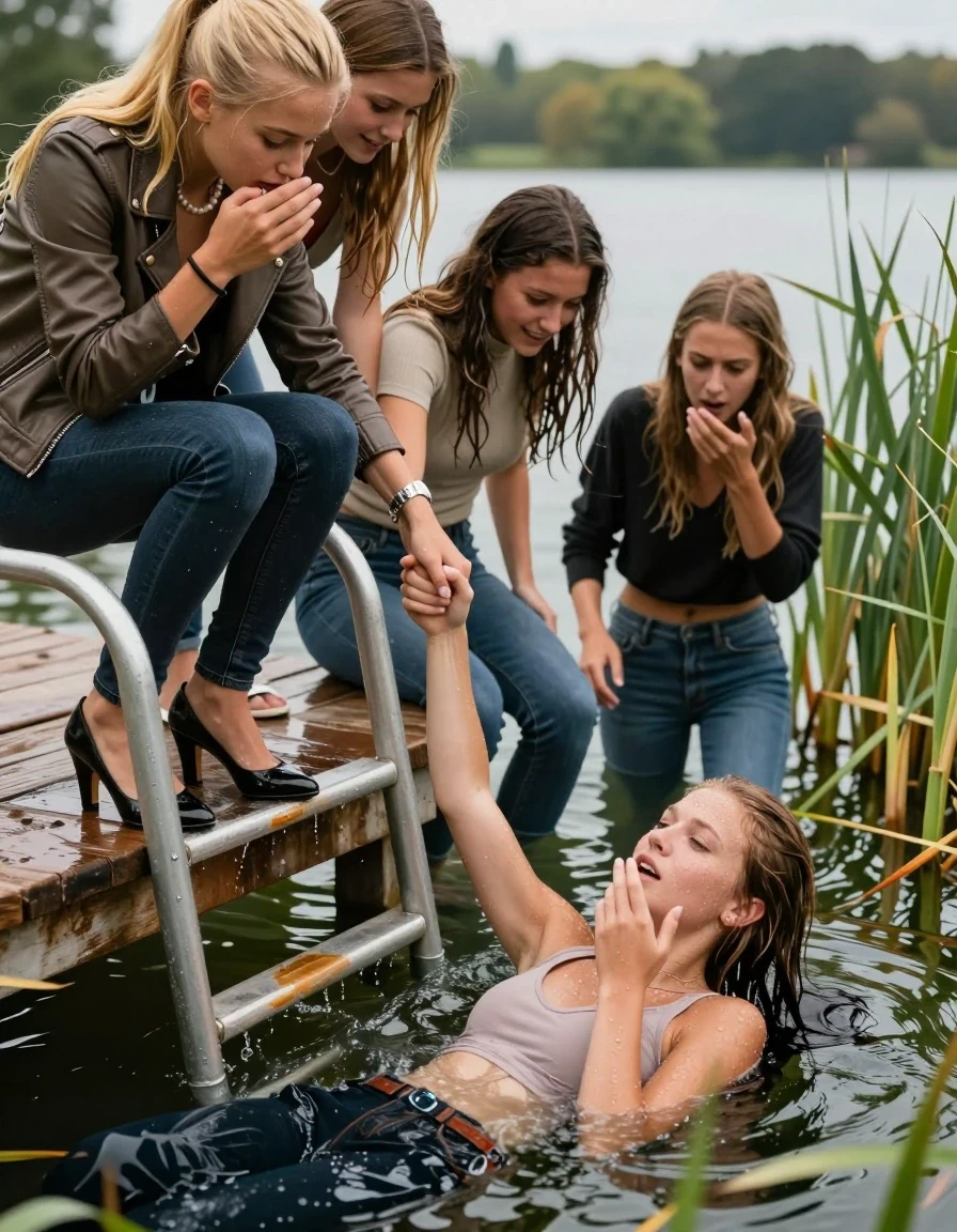 photo of young woman, in soaking wet, drenched clothes,
Heels, Completely soaked tight skinny jeans , Light brown or black biker leatherjacket, Tight turtleneck sweater belly free, handbag, pearl necklace, bracelet, wristwatch , Group of Girls with a hand on her mouth on a wooden bathing platform with a bathing ladder on a beautiful lake. The girls smiles with a sense of adventure and climbs the ladder already half submerged into the water. The water reaches up to her chest. , 
enjoying, wet clothes stuck to body,
detailed textures of the wet clothes, wet face, wet plastered hair,
wet, drenched, professional, high-quality details, full body view.
sharp focus, ultra-high pixel detail, realistic, high-quality, full colors, incredibly detailed, 4k, 8k, 16k, hyper-realistic, RAW photo, masterpiece, ultra-detailed, professionally color graded, professional photograph, Different hair styles, Blonde sleek long straight hair or sleek ponytail

19 years old  teenage girl

Laying her breast on the surface.  Looking slightly away.

One Girl inside the water with a biker leatherjacket and one hand on her mouth, hold with the other the viewer's hand, pulling them she is completely underwater up to her neck, afraid and astonished expression. 

She hides in the reeds.

her submerged clothes are hardly vusible under water, she soaked her handbag into the water. The Girls wear different clothes. 

close up view, wet skin, wet clothes, wet hair, damp fabric, water runs down the clothes, wet skin, wet clothes, damp fabric, wet skin, wet clothes, damp fabric, wet skin, wet clothes, damp fabric, wet skin, wet clothes, damp fabric, wet skin, wet clothes, damp fabric, wet skin, wet clothes, damp fabric, wet skin, wet clothes, damp fabric, wet skin, wet clothes, damp fabric, wet skin, wet clothes, damp fabric, wet skin, wet clothes, damp fabric, wet skin, wet clothes, damp fabric, wet skin, wet clothes, damp fabric, wet skin, wet clothes, damp fabric, wet skin, wet clothes, damp fabric, wet skin, wet clothes, damp fabric, wet skin, wet clothes, damp fabric, wet skin, wet clothes, damp fabric, wet skin, wet clothes, damp fabric, wet skin, wet clothes, damp fabric, wet skin, wet clothes, damp fabric, wet skin, wet clothes, damp fabric