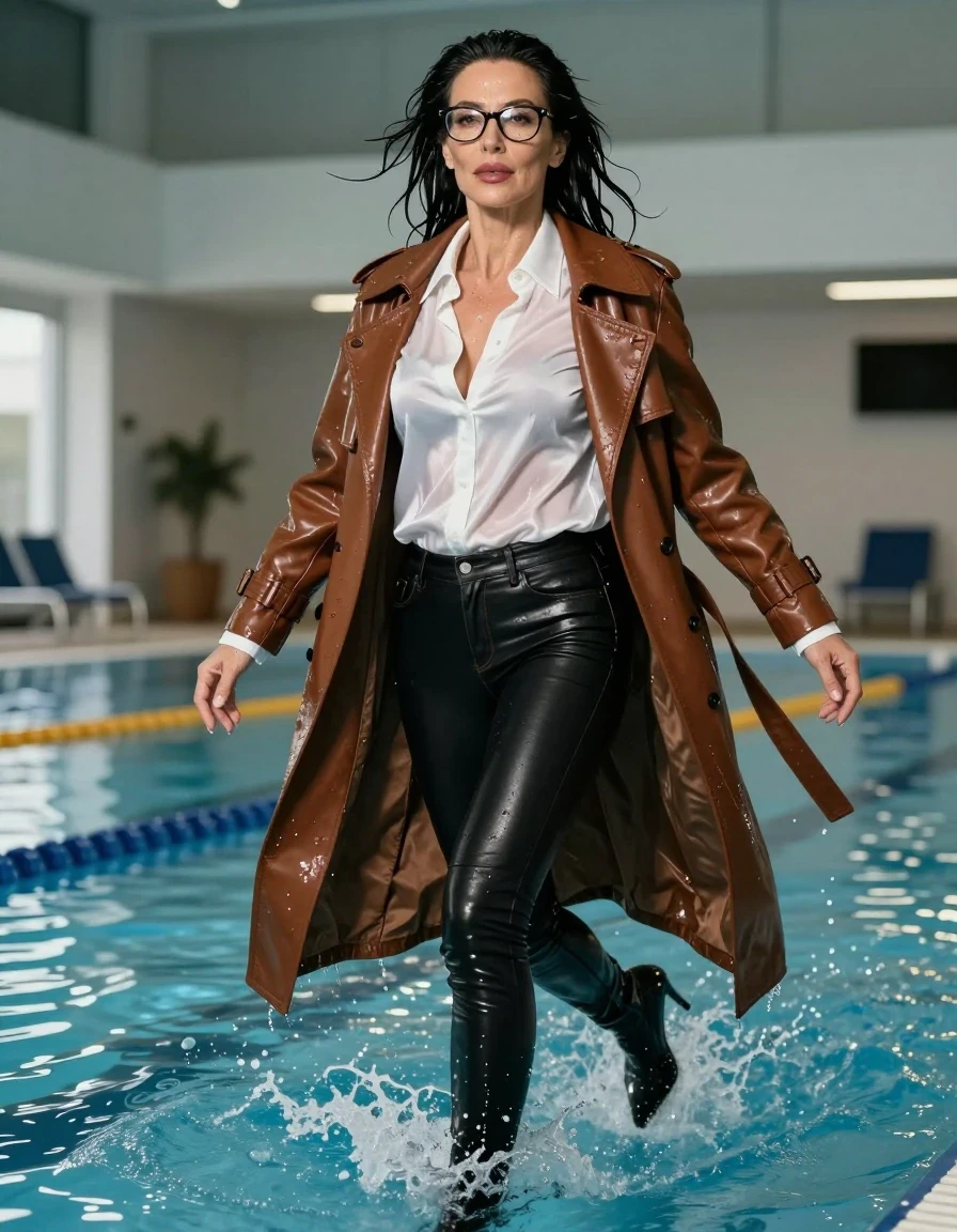 photo of young woman, in soaking wet, drenched clothes,
high-heeled boots, long tight black leather jeans, white silk satin shirt with long sleeves, maxi brown leather trenchcoat, jump in water after swim in indoor swimming pool, enjoying wet clothes stuck body, enjoying, wet clothes stuck to body, 
enjoying, wet clothes stuck to body,
detailed textures of the wet clothes, wet face, wet plastered hair,
wet, drenched, professional, high-quality details, full body view.
sharp focus, ultra-high pixel detail, realistic, high-quality, full colors, incredibly detailed, 4k, 8k, 16k, hyper-realistic, RAW photo, masterpiece, ultra-detailed, professionally color graded, professional photograph, europen brunette skinny woman 50 years old, long dark black hair, very big and thick lips,  office glasses, complete body, wet skin, wet clothes, damp fabric, wet skin, wet clothes, damp fabric, wet skin, wet clothes, damp fabric, wet skin, wet clothes, damp fabric, wet skin, wet clothes, damp fabric