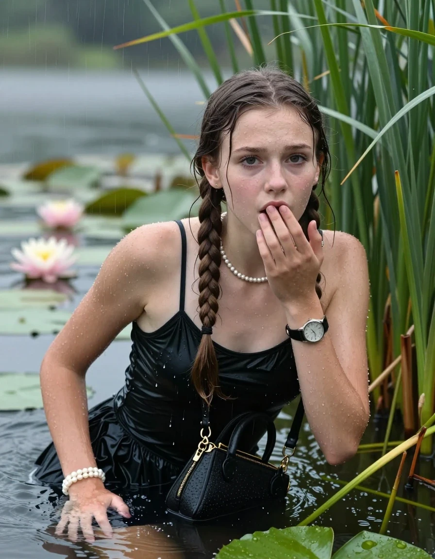photo of young woman, in soaking wet, drenched clothes,
, , Small black dress with spaghetti straps and wide neckline, handbag, pearl necklace, bracelet, wristwatch , Emerging after diving in a lake with water lilies and reeds, rain , 
enjoying, wet clothes stuck to body,
detailed textures of the wet clothes, wet face, wet plastered hair,
wet, drenched, professional, high-quality details, full body view.
sharp focus, ultra-high pixel detail, realistic, high-quality, full colors, incredibly detailed, 4k, 8k, 16k, hyper-realistic, RAW photo, masterpiece, ultra-detailed, professionally color graded, professional photograph, Two long braids

15 years old  teenage girl

Laying her breast on the surface.  Looking slightly away. Hold her hand on mouth.

she is completely underwater up to her neck, afraid and astonished expression. 

She hides in the reeds and is surprised by spectators

her submerged clothes are hardly vusible under water, she soaked her handbag into the water

close up view, wet skin, wet clothes, wet hair, damp fabric, water runs down the clothes, wet skin, wet clothes, damp fabric, wet skin, wet clothes, damp fabric, wet skin, wet clothes, damp fabric, wet skin, wet clothes, damp fabric, wet skin, wet clothes, damp fabric, wet skin, wet clothes, damp fabric, wet skin, wet clothes, damp fabric, wet skin, wet clothes, damp fabric, wet skin, wet clothes, damp fabric, wet skin, wet clothes, damp fabric, wet skin, wet clothes, damp fabric, wet skin, wet clothes, damp fabric, wet skin, wet clothes, damp fabric, wet skin, wet clothes, damp fabric, wet skin, wet clothes, damp fabric, wet skin, wet clothes, damp fabric, wet skin, wet clothes, damp fabric, wet skin, wet clothes, damp fabric, wet skin, wet clothes, damp fabric