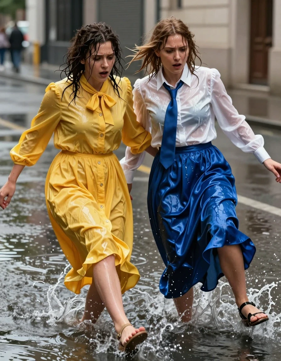 Full-shot cinematic photo of two nerdy European women in their 30s as teachers, caught in the middle of a clumsy fall on a flooded city street. The first woman wears an oversized yellow buttoned-down nylon dress with a bowtie, while the second woman wears a white long-sleeved satin blouse, a blue necktie, and a long blue silk skirt. Both women are wearing sandals. Their garments are excessively long, causing them to trip and stumble into the shallow water. The fabrics are rendered with high-fidelity wetness: the yellow nylon and white satin are translucent and clinging to their skin, the blue silk skirt is heavy, dark, and drenched with water, showing deep folds and clinging to their legs. Their hair is matted and dripping, and their skin has a realistic, glistening wet sheen. The water around them splashes and ripples as they collapse. Natural daylight reflects off the wet asphalt and the saturated, dark, heavy fabrics of their clothing. High-resolution photography, sharp focus on the expressions of surprise, realistic wet-look textures, motion blur on the water splashes, 8k, detailed skin pores and fabric weaves.