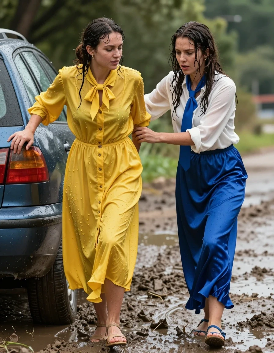 photo of young woman, in soaking wet, drenched clothes,
sandals, both: maxi dress, 1st woman: oversized yellow buttoned-down nylon dress with bowtie; 2nd woman: white long-sleeved satin blouse with blue necktie, maxi blue silk skirt, muddy road, 
enjoying, wet clothes stuck to body,
detailed textures of the wet clothes, wet face, wet plastered hair,
wet, drenched, professional, high-quality details, full body view.
sharp focus, ultra-high pixel detail, realistic, high-quality, full colors, incredibly detailed, 4k, 8k, 16k, hyper-realistic, RAW photo, masterpiece, ultra-detailed, professionally color graded, professional photograph, nerdy lesbian teachers in their 30s pushing a car stuck in mud, wet skin, wet clothes, damp fabric